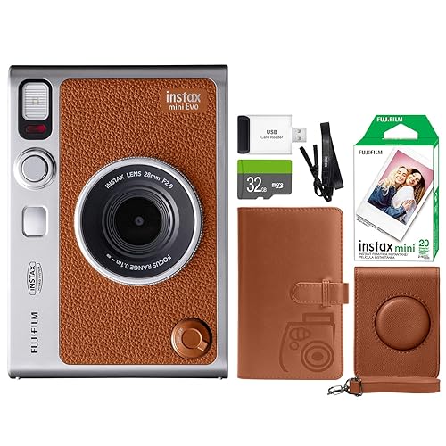 FUJIFILM INSTAX Mini EVO Hybrid Instant Camera Brown + Fuji Instax Film 20 Sheet + Custom Case & Album 32GB Micro SD Memory Card Accessory Bundle