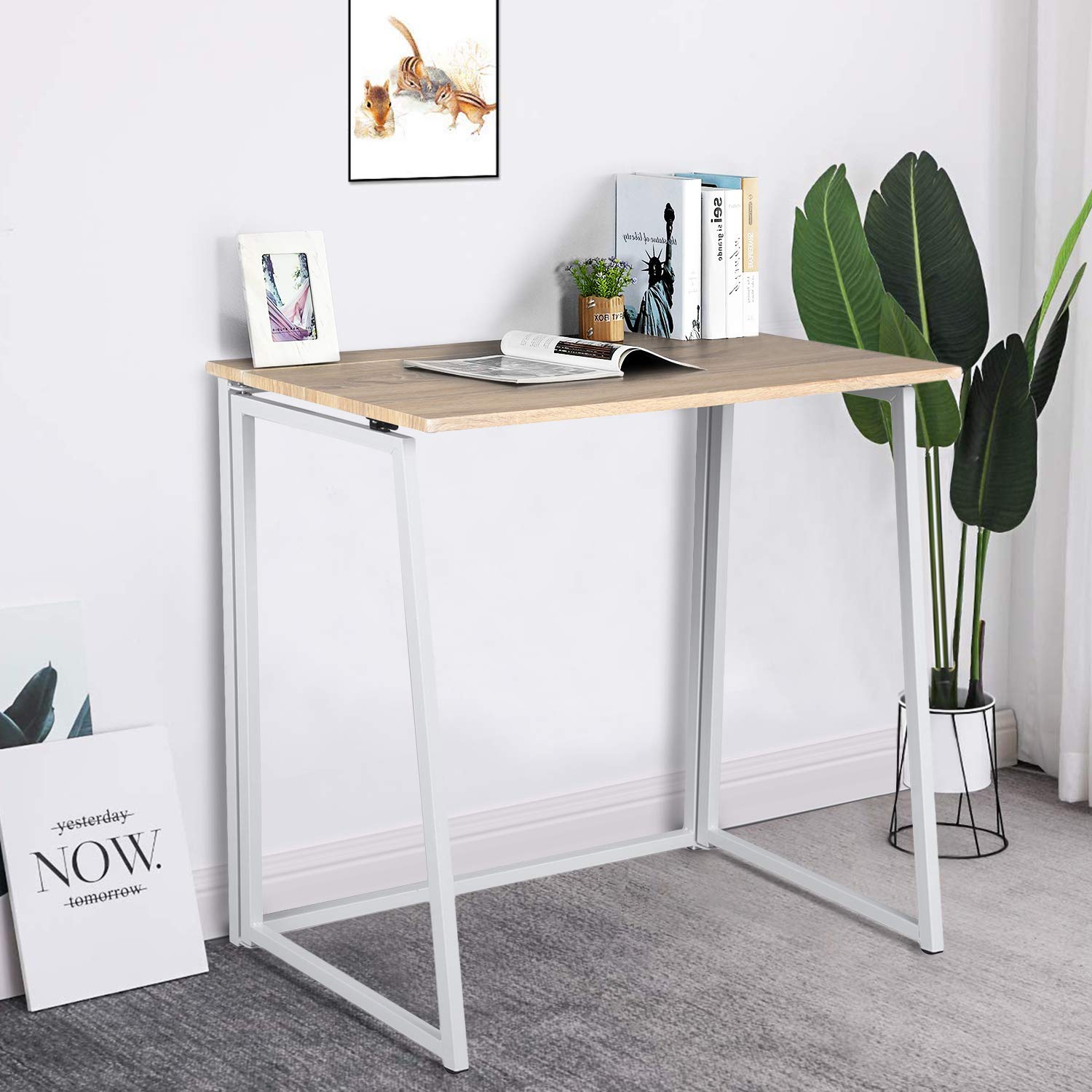 MEUBLE COSY Tavolo Pieghevole Scrivania Portatile Postazione di Lavoro per Computer Soggiorno Ufficio Piccoli Spazi, Facile da Montare, Struttura in Metallo, Rovere e Bianco