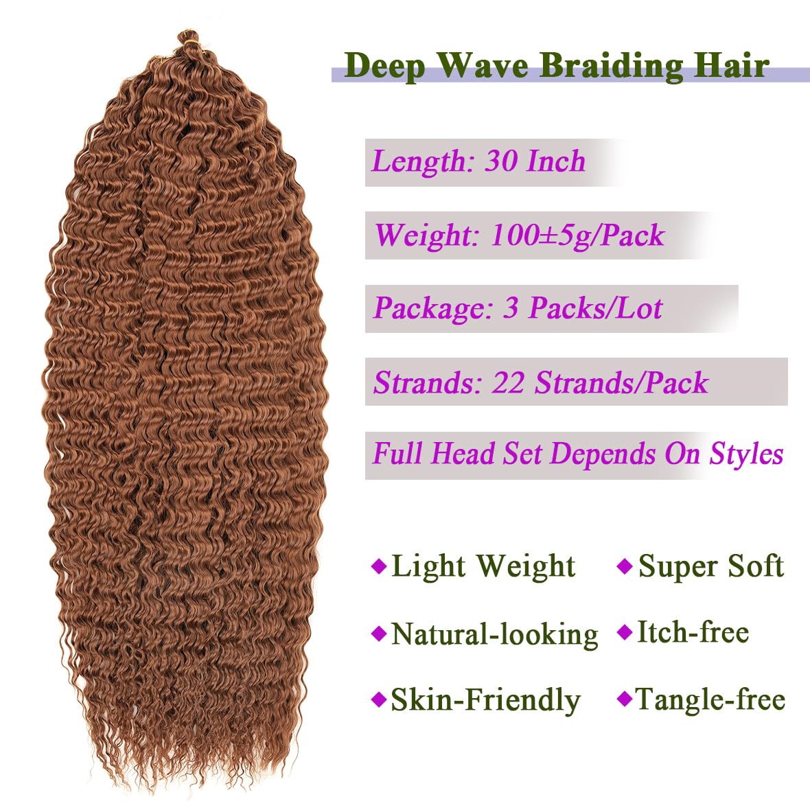 Kachanaa 30 Inch Ocean Wave Crochet Hair Synthetic Crochet Braiding Hair for Boho Box Braids 3 Pack Honey Brown Pre-Separate Deep Wave Braiding Hair Extensions for Goddess Braids /30# - Image 4