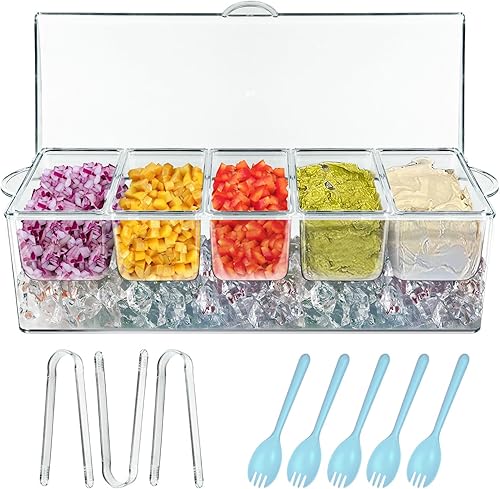 Servidor de condimentos con bandeja de hielo, organizador de condimentos con contenedor de 5 compartimentos, bandeja de fiesta enfriada con hielo,