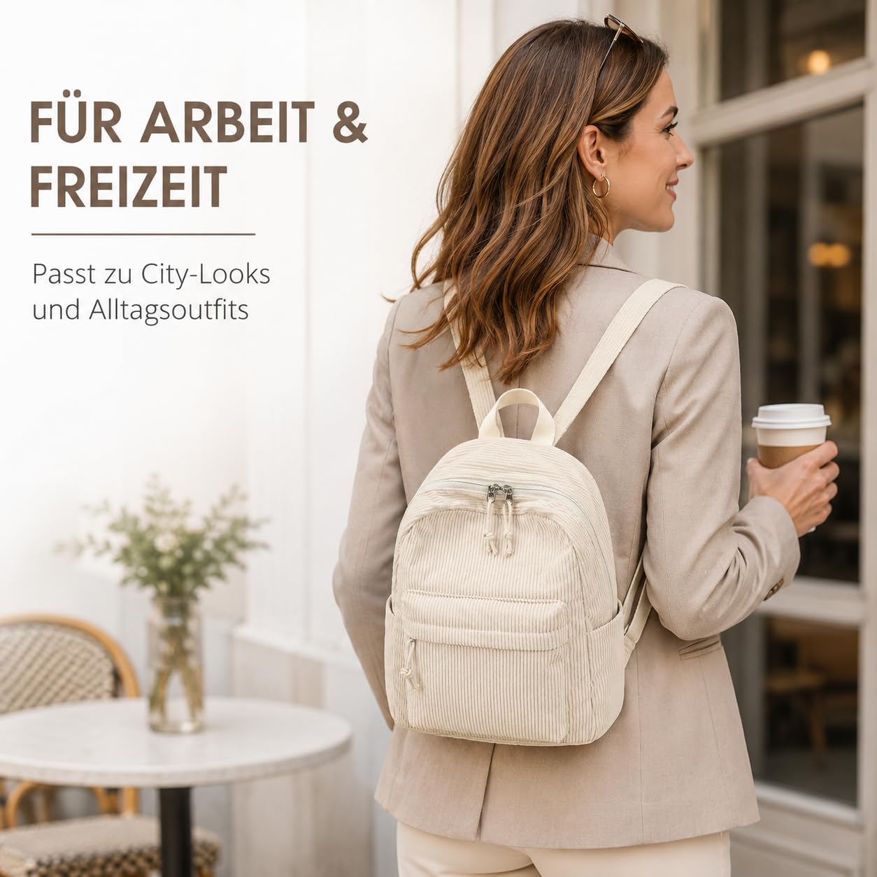 LOIDOU Petit sac à dos pour femme, petite ville, sac à dos décontracté en velours côtelé, mini portefeuille pour l'école, le travail, les voyages, le shopping
