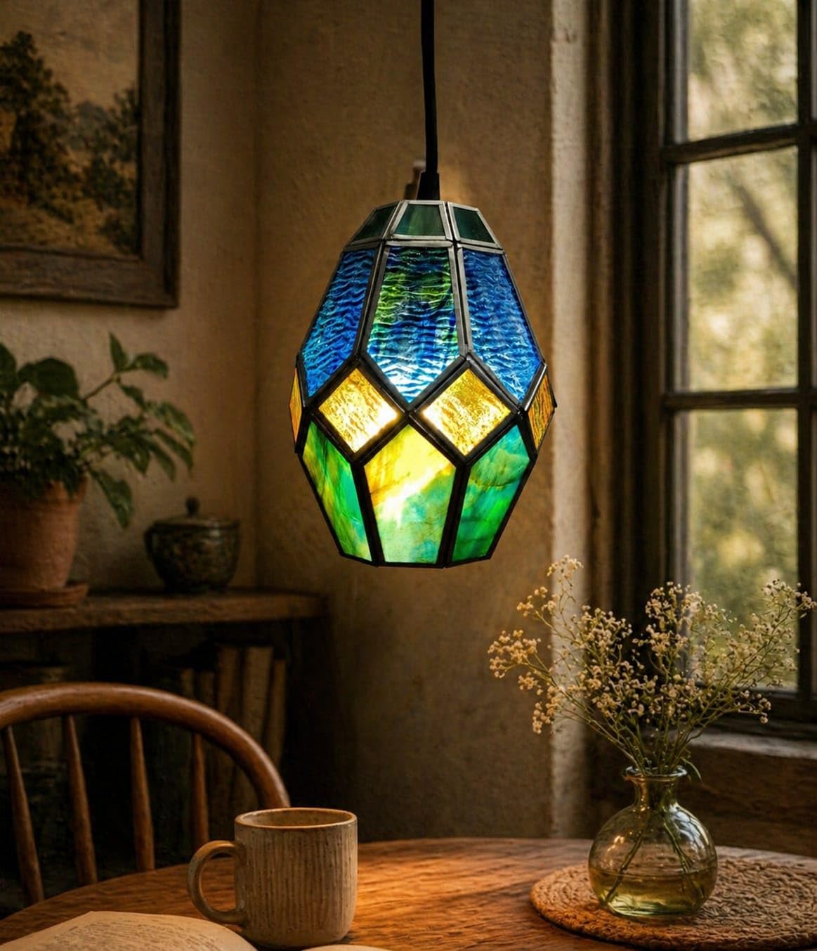 stained glass hanging pendant lamp with free led bulb | e27 ceiling light | warm, cool & natural white light for living room, bedroom, dining room, kitchen, café & home décor