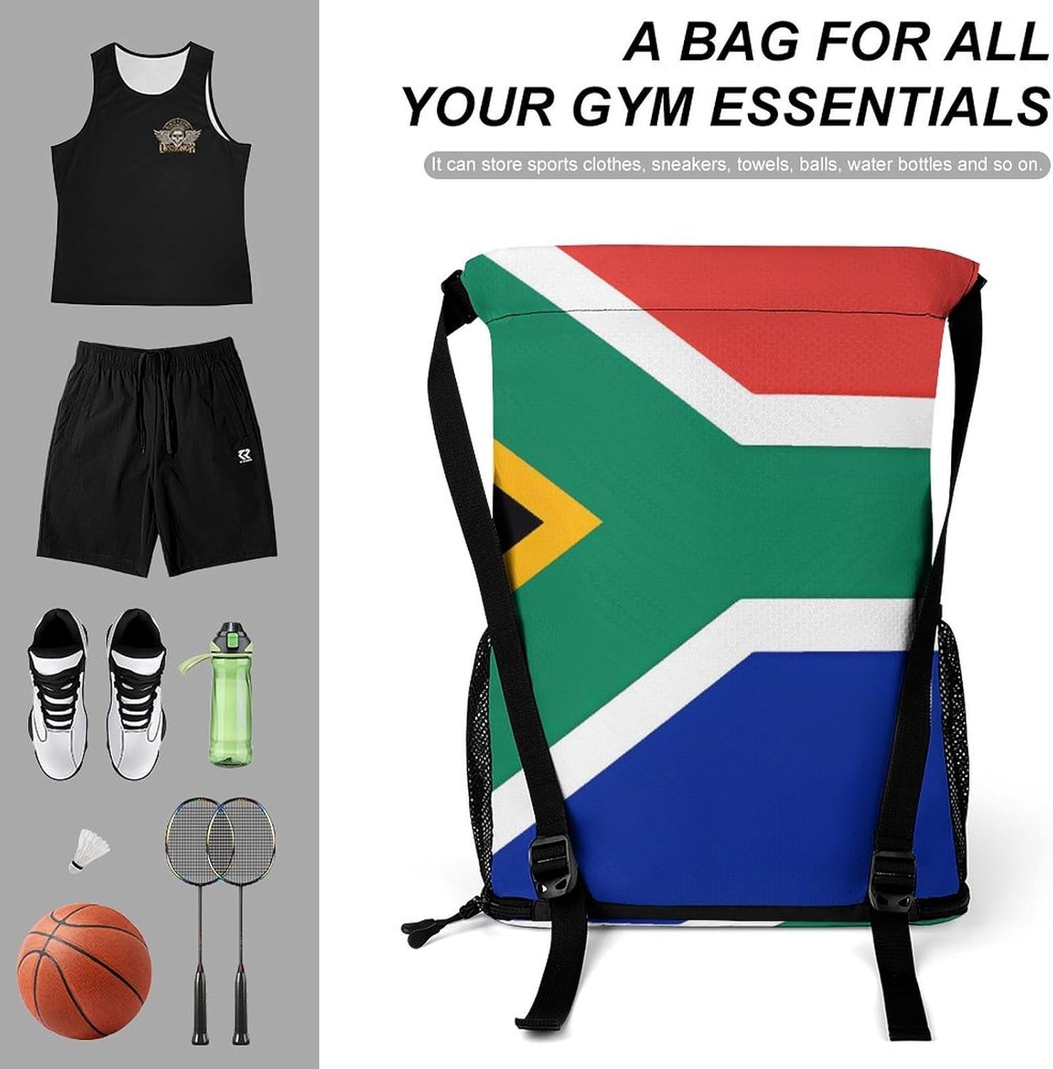South Africa Flag Drawstring Backpack with Wet Pocket - Large Capacity Gym Bag with Shoe Compartment & Mesh Pockets, Adjustable Lightweight Gym Backpack for Swimming, Travel, Workout