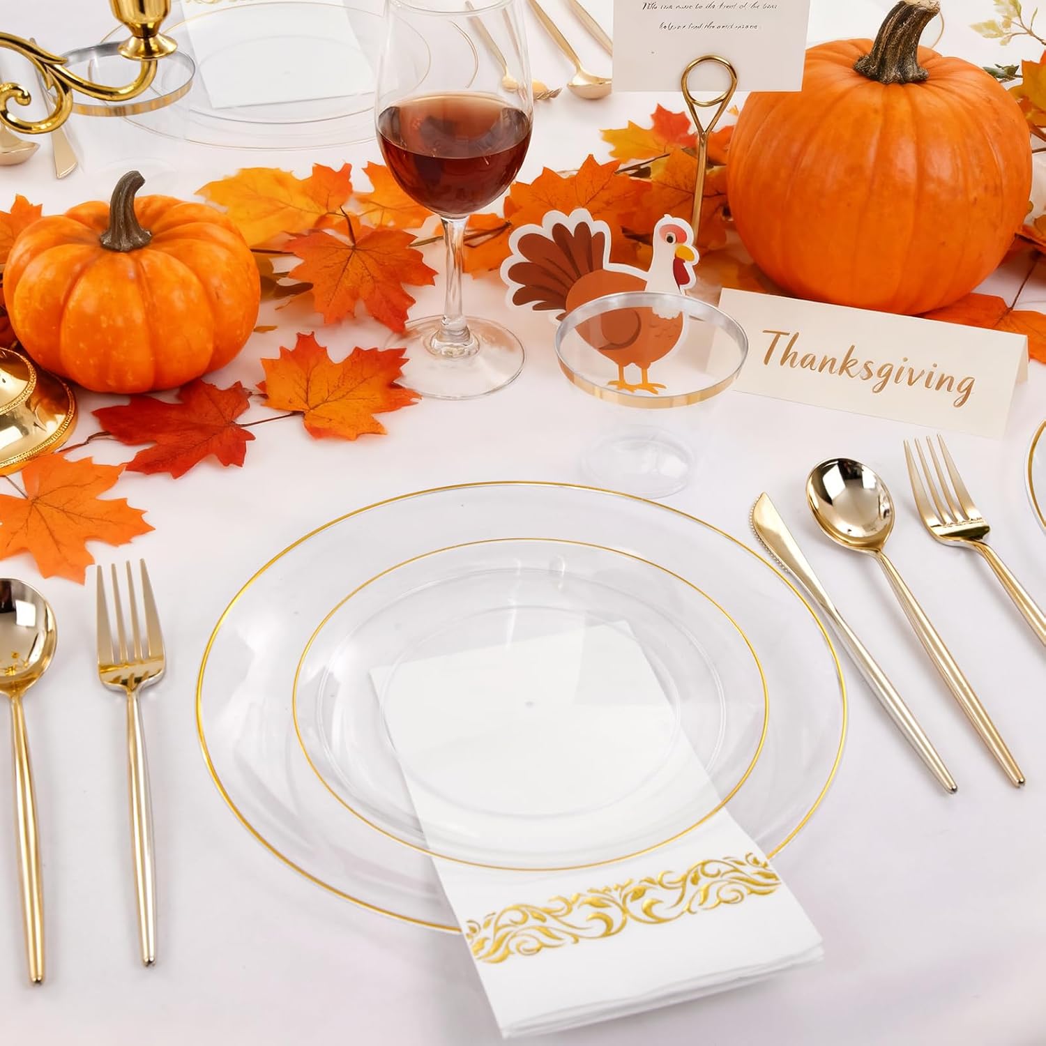 MirthMood 210Pcs Clear and Gold Plates for 30 Guests, Plastic Plates for Party, Includes:30 Dinner, 30 Dessert, 30 Paper Towels with 90 Silverware & 30 Cups - Image 3