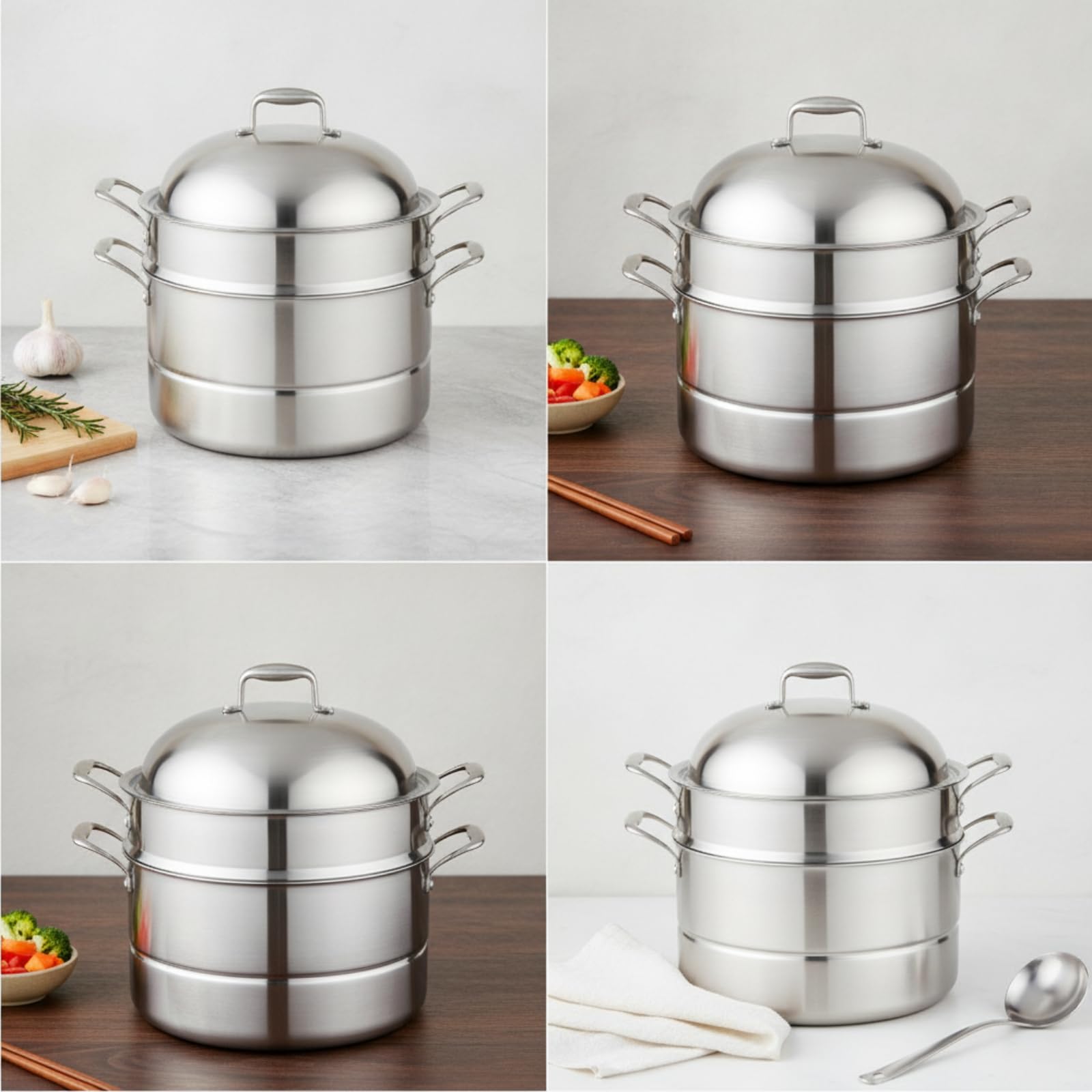 Vaporiere Acciaio Inox Pentola Cottura Coperchio 304 a Tre Strati Spessore 2.5 Mm per Riscaldamento Uniforme Manici Ad Anello per Presa Stabile E