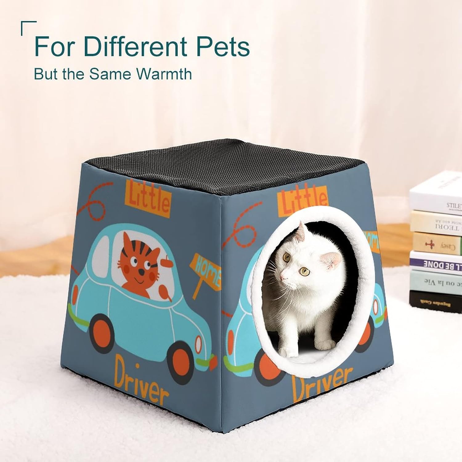 Printed Cat Cube Kitty House Indoor Cats Bed Cat Sofa Small Dogs Shelter Warm and Cozy Driver Cat Cartoon