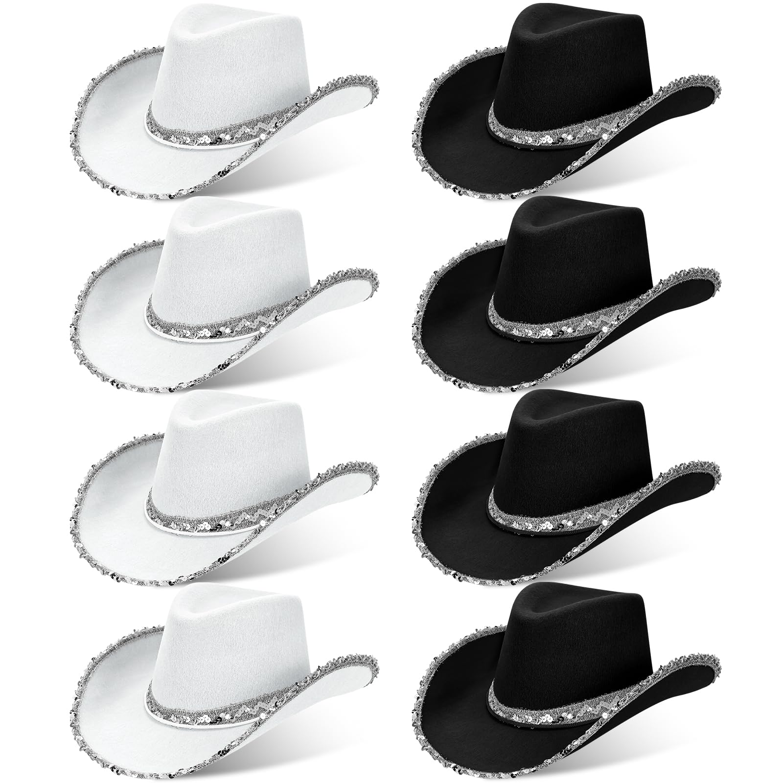 ASMIZ 8 Pack Sequin Cowboy Hat Bulk Western Cowgirl Hat for Women, Adult Texan Country Cow Boy Party Hats for Adult Fancy Dress, Hen Party, Birthday (Black/white)