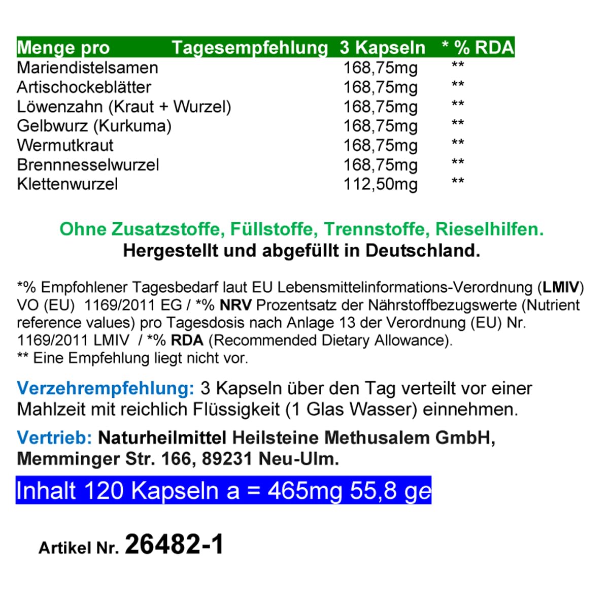 Leber Wohl 7 Leberkräuter & Bitterstoffe 360 (3x120) Kräuter Kapseln Leber Liver Refreshing Leberunterstützung NATUR pur OHNE Zusatzstoffe. 26482-3