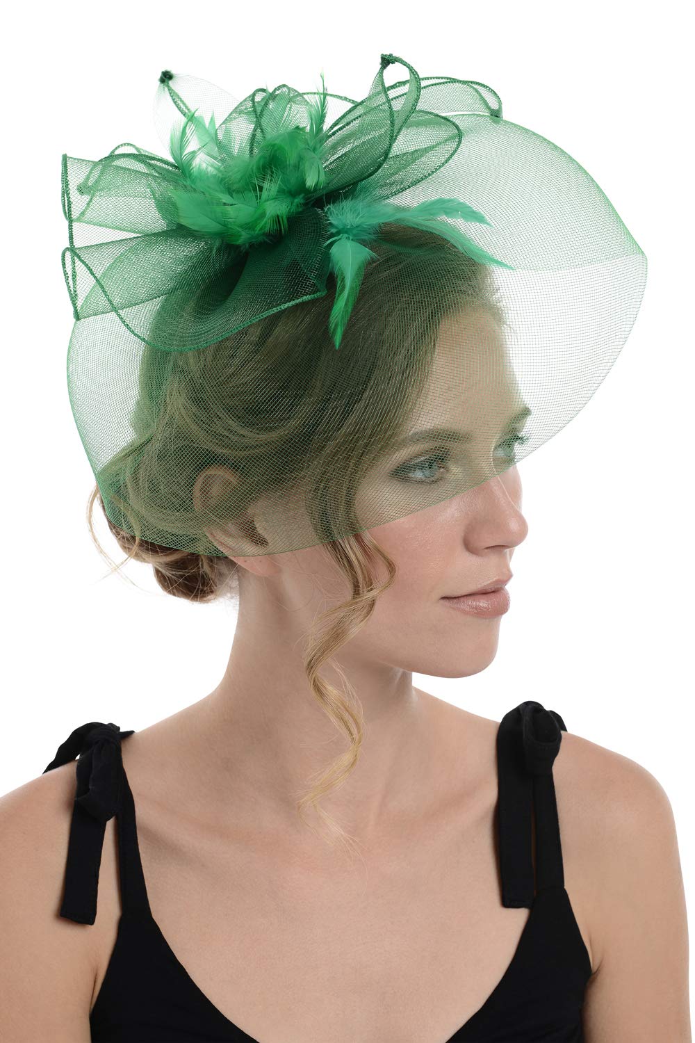 Zac's Alter Ego Women's Green Lace & Net Fascinator With Feathers On Clip Or Aliceband