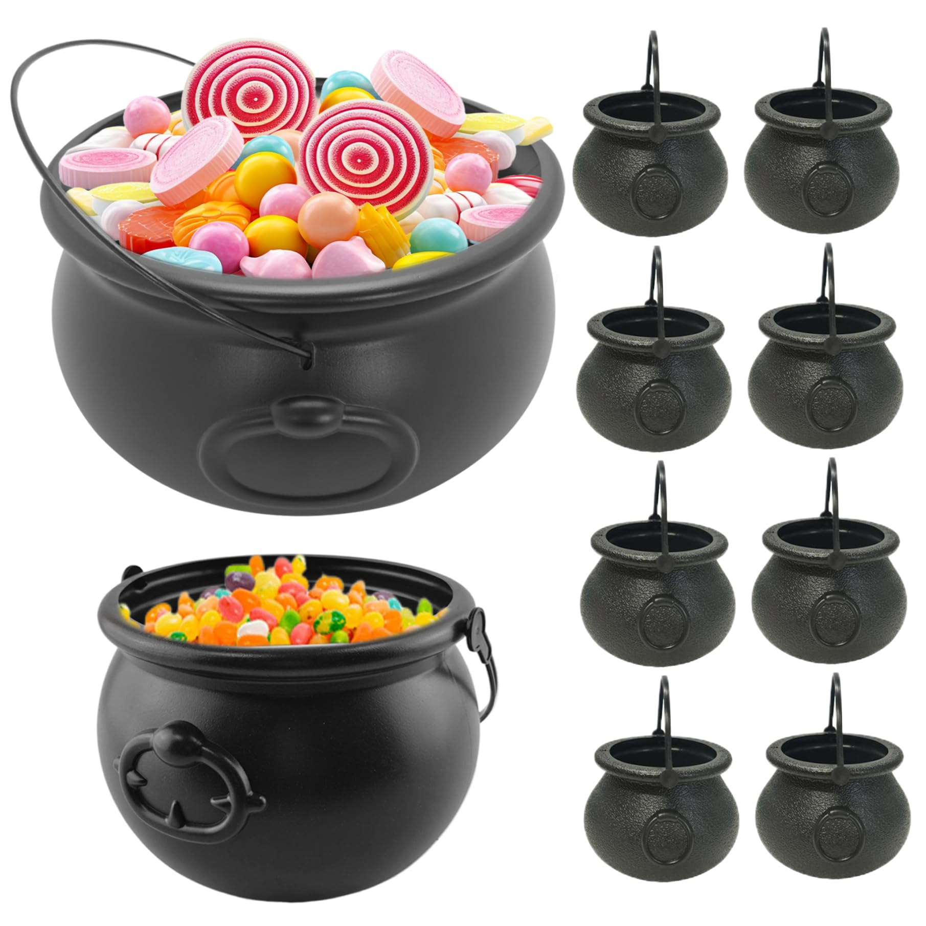Wilafury 10Pcs Halloween Cauldron Set, Plastic Witch Cauldrons with Handles, Includes 13 Inch, 8 Inch & 3 Black Cauldrons for Halloween Party Favor & Decor