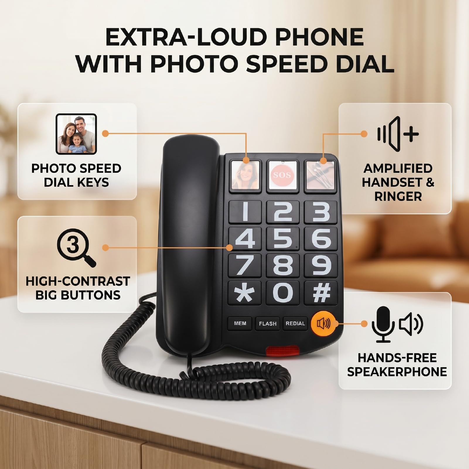 Goshyda Telefoni Fissi per Anziani con Pulsanti Grandi Extra Rumorosi da 110 DB, Telefono Fisso con Filo Amplificato con Composizione Rapida a 3 Foto, Vivavoce e Tasto di Chiamata di (BLACK)