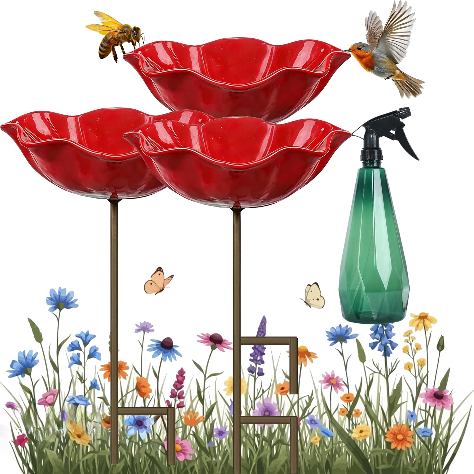 Bebedero de abejas para el jardín, 65 cm, metal para jardín, bebedero para pájaros, bebedero para pájaros, bebedero para insectos para abejas y mariposas (3 unidades)
