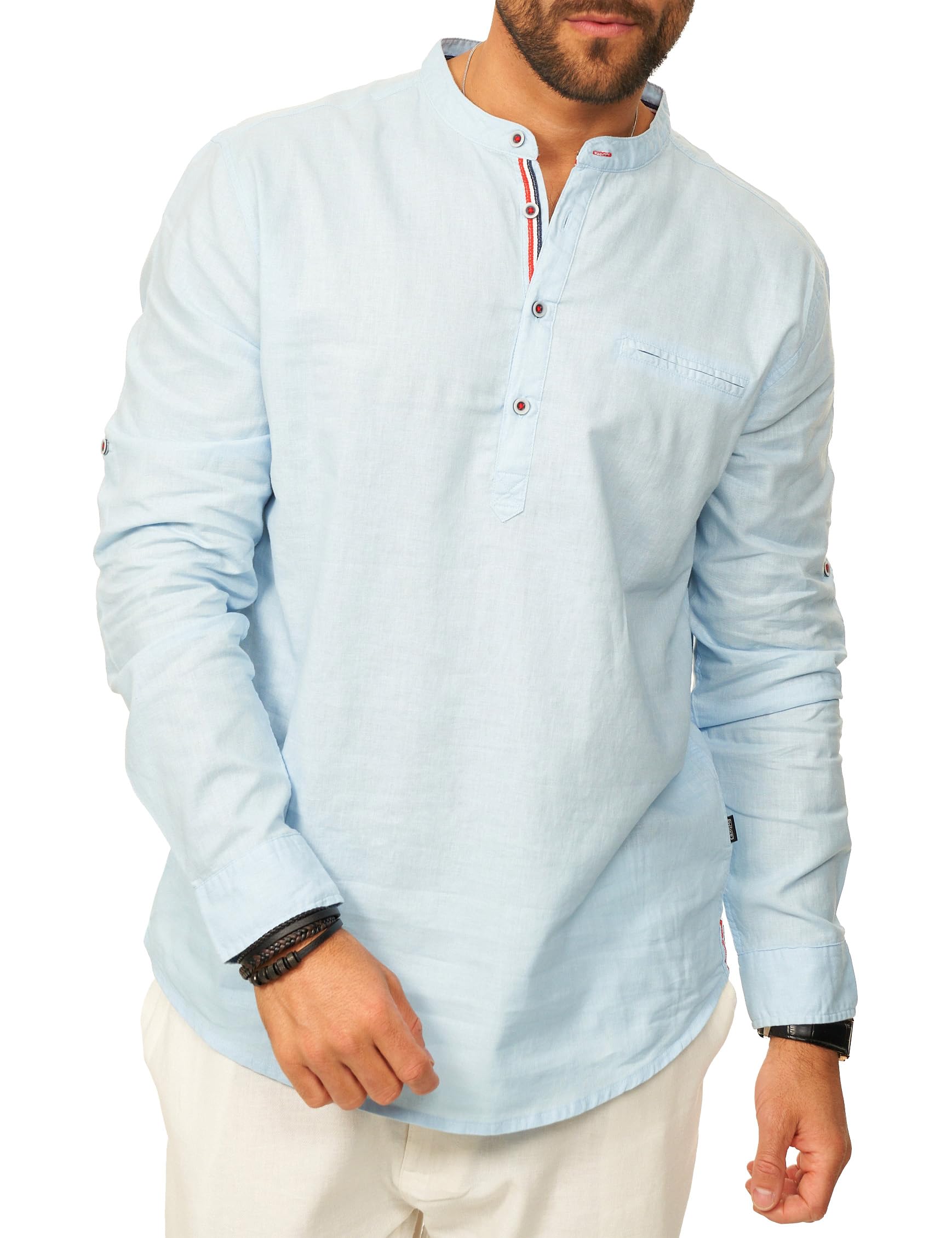 behype. Herren Leinenhemd als Langarmhemd - Freizeithemd im Regular-Fit mit Henley Stehkragen Sommerhemd - Strandhemd im Sommer-Look für Männer