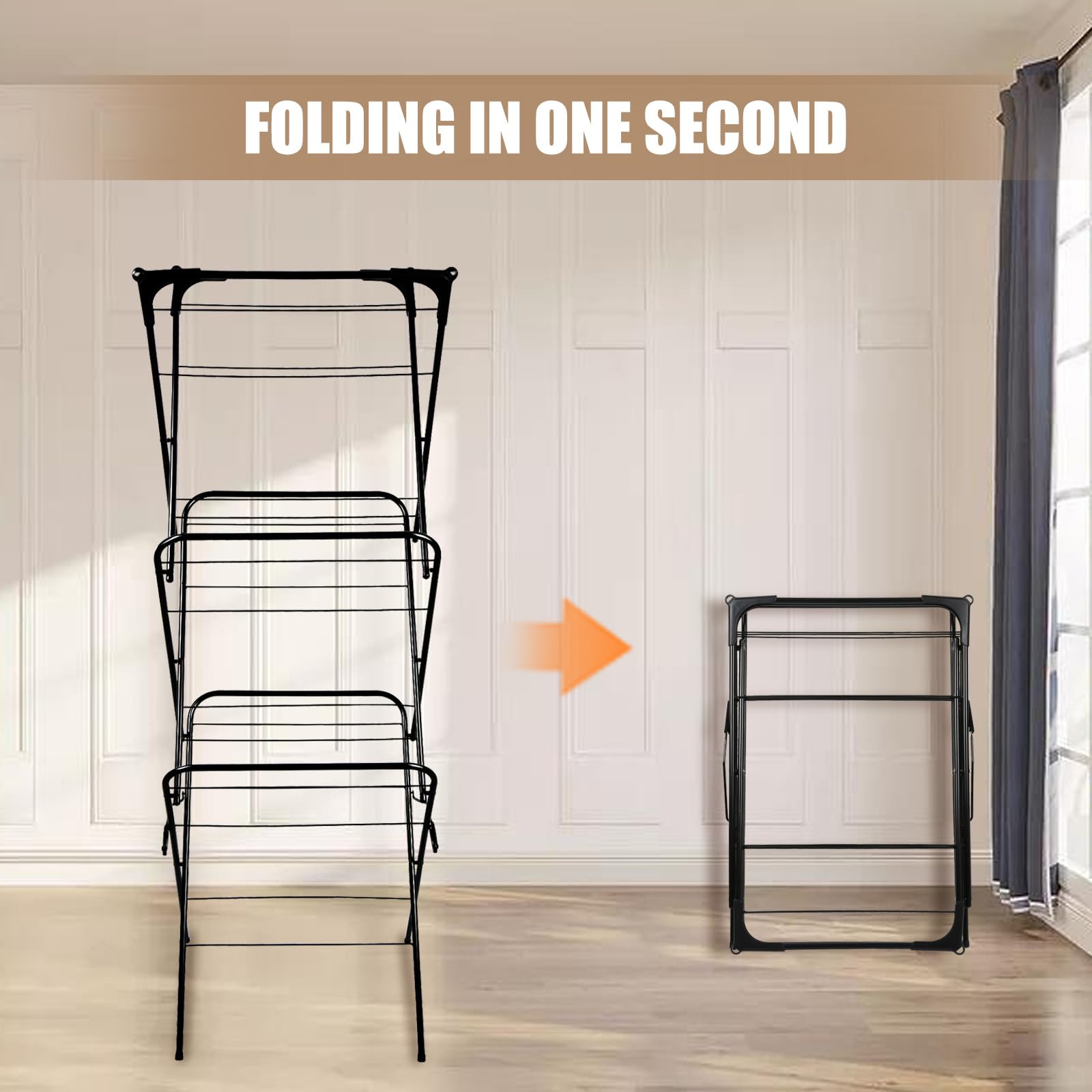 LANTUS Etendoir Interieur Pliable - Sechoir a Linge Extensible, Robuste & Peu encombrant, Tour à Linge Pliable et Extensible, seche Linge Durable,48 * 43 * 137cm (Noir)