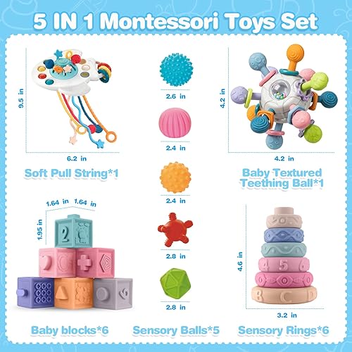 Miniatura 8 de SpringFlower Juguetes para bebés de 0-3-6-12 meses, juguetes Montessori 5 en 1 para bebés, juguete de dentición y bloque de construcción apilable,