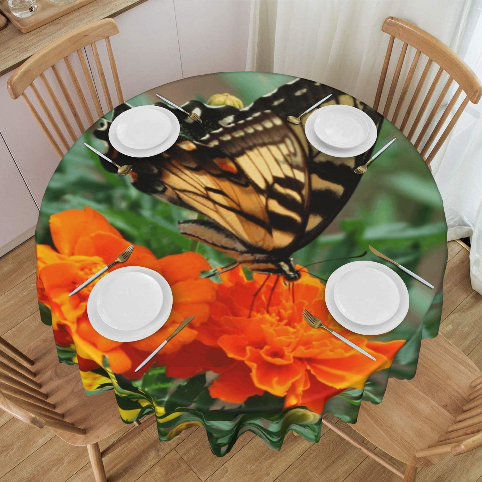 DCEHGEW 60 In Round Tablecloth with Lace, Butterfly Printed Oilproof & Washable Fabric Picnic Table Cloth Table Covers