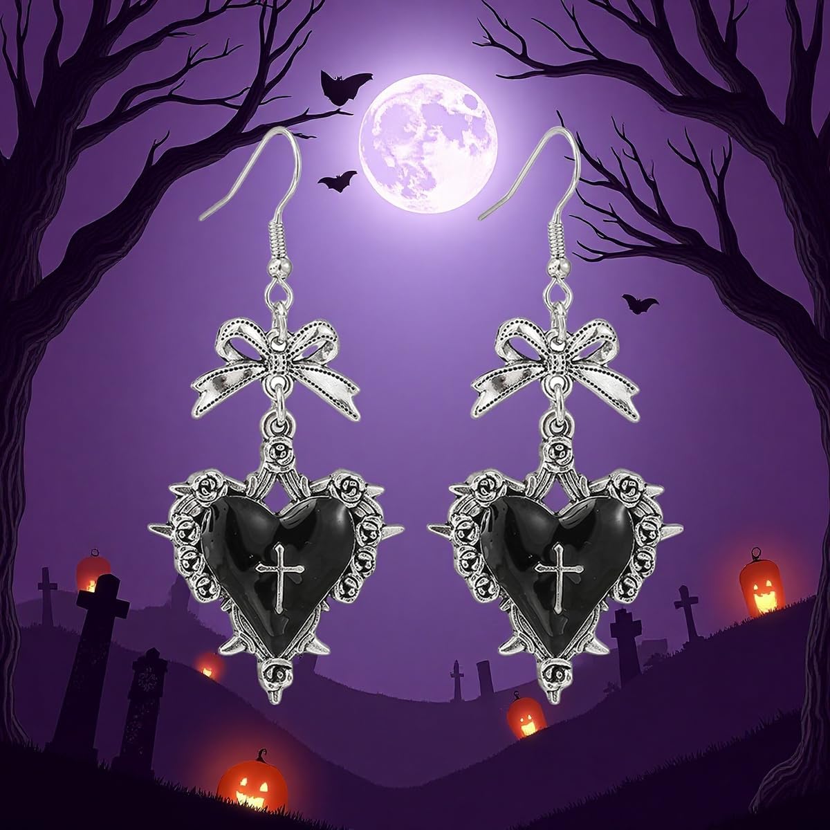 Gothic Heart Earrings for Women Red Black Purple Bow Heart Cross Earrings Dark Vampire Earring Vintage Punk Rock Style Earring Halloween Jewelr Mystic Witch Jewelry Accessories - Image 5