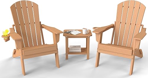 Miniatura 1 de Juego de sillas plegables Adirondack de 3 piezas, respaldo extra alto de 38 pulgadas y grano de madera en relieve, muebles de patio de polietileno