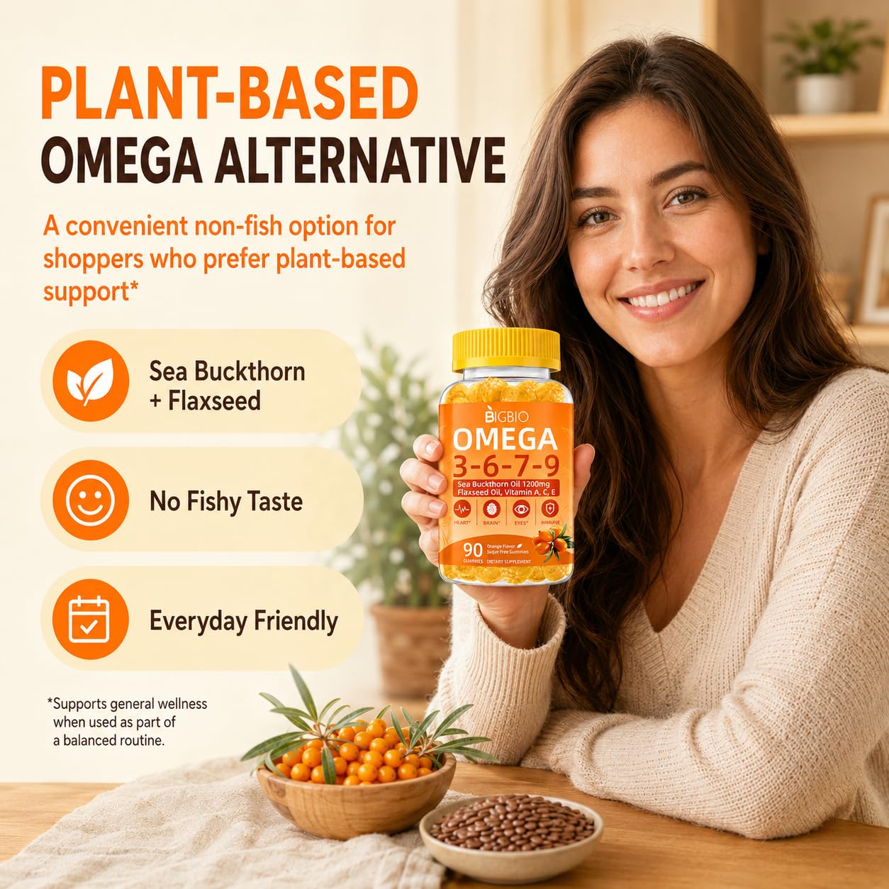 Omega 3-6-7-9 Gummies, Organic Sea Buckthorn Oil 1200MG & Flaxseed Oil 500MG, Vegan Omega 7 Supplement w/Vitamin A, C, E, Fatty Acids, No Fish Taste, Supports Skin, Eye, Immune, Brain Health, 90 Cts — Amazon image 7