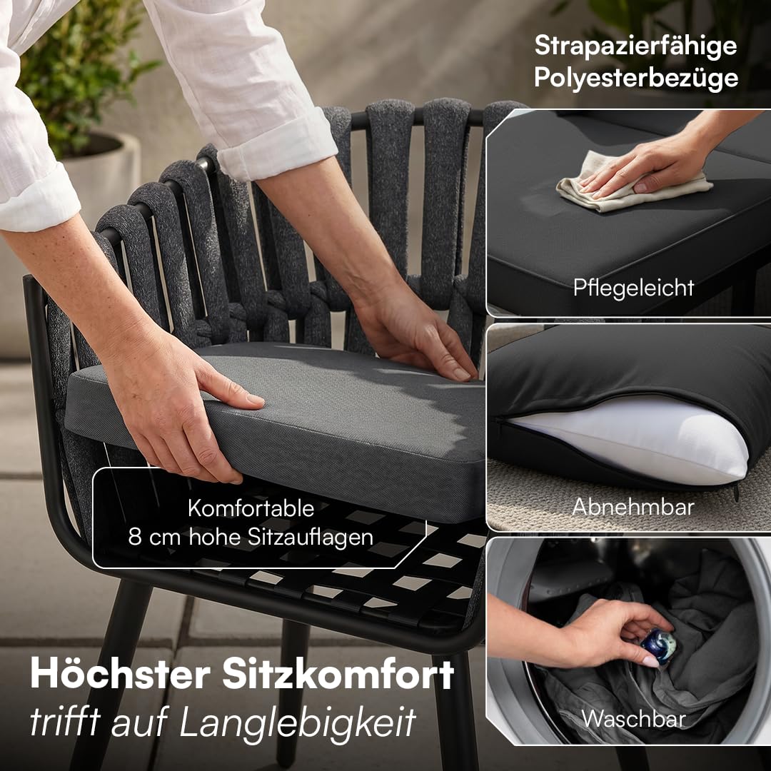 STEELSØN Tarian Gartenstühle im Rope Design – Stühle 6er Set mit Sitzkissen – Loungesessel Indoor/Outdoor – aus Kunststoffgeflecht & Dicke Sitzpolster Garten/Terrasse/Balkon – Stahlgestell dunkelgrau