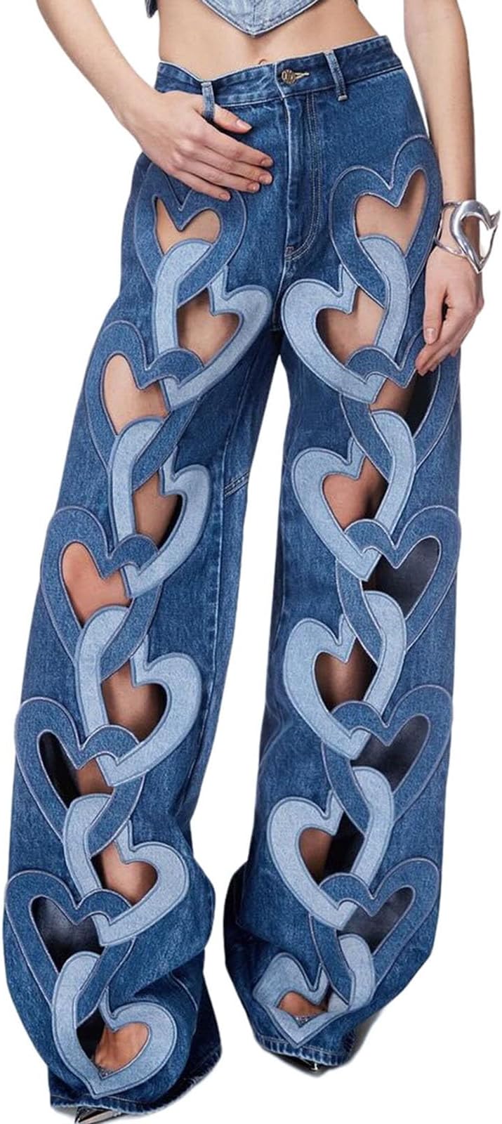 PLIUHHMEI Women's Love Heart Hollow Jeans Y2k High Waist Straight Leg Pants Trendy Concert Party Denim Pants