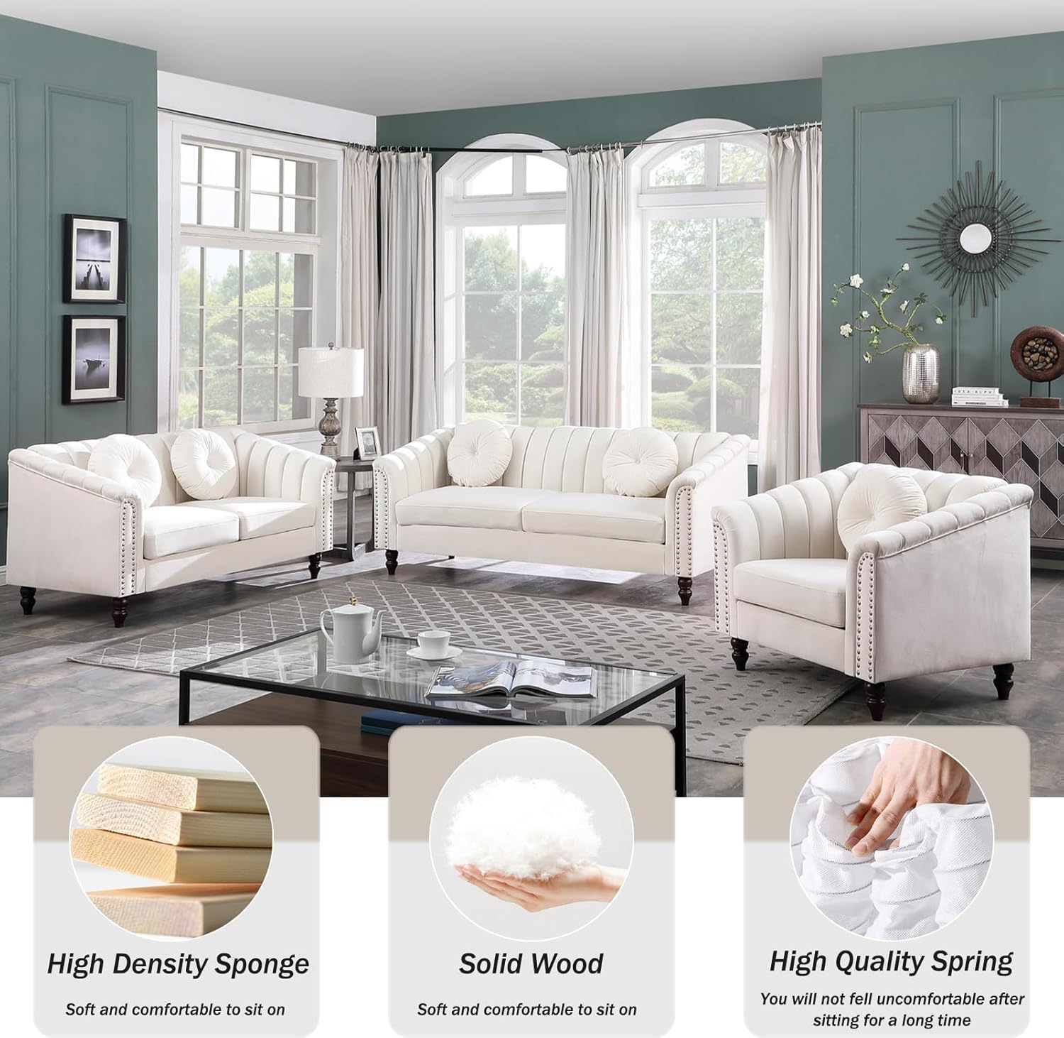 Luxury Velvet Chesterfield Sofa Set,Flannel Armchair, upholstered Rolled Edge armrests, Modern Living Room Sofa Set, Suitable for Living Room, Bedroom, Apartment (Cream,Sofa and Loveseat)