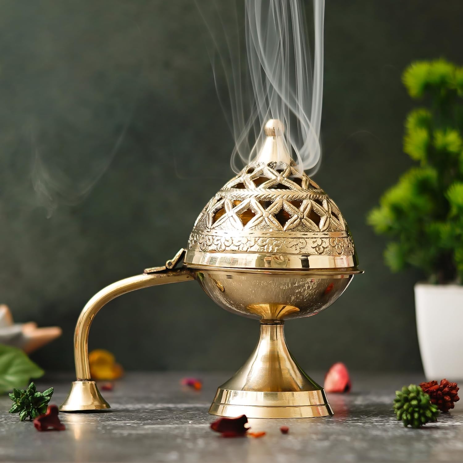 Traditional Brass Incense Burner, Gold, Decorative Dome Design with Lattice Pattern, Smoke Diffuser for Home (Dhoop Batti)-picture-24