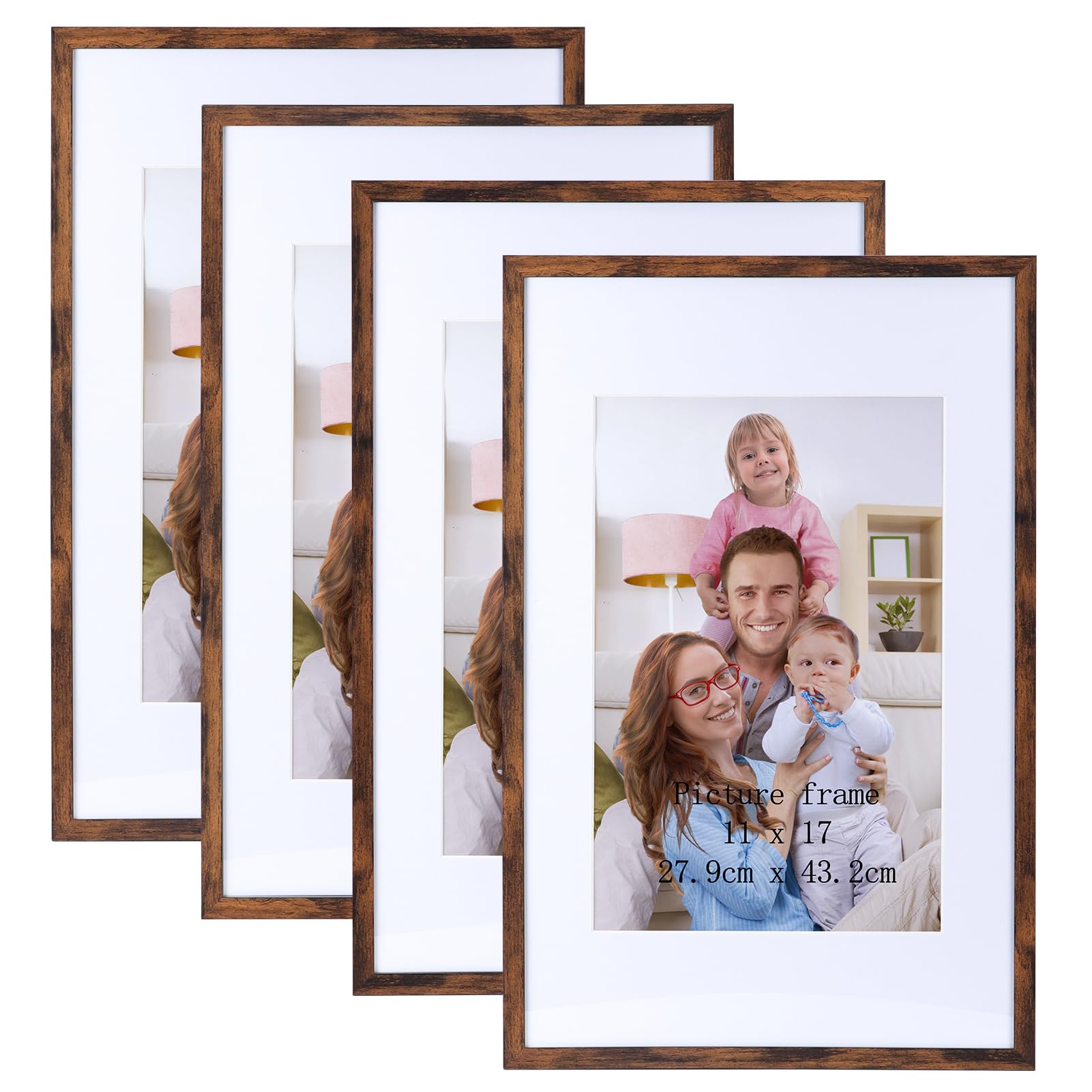 Giftgarden 11x17 Picture Frame Brown, 11x17 Frame Matted for 8x12 Picture with Mat, Display 17x11 Photo Without Mat, Wall Hanging, Set of 4