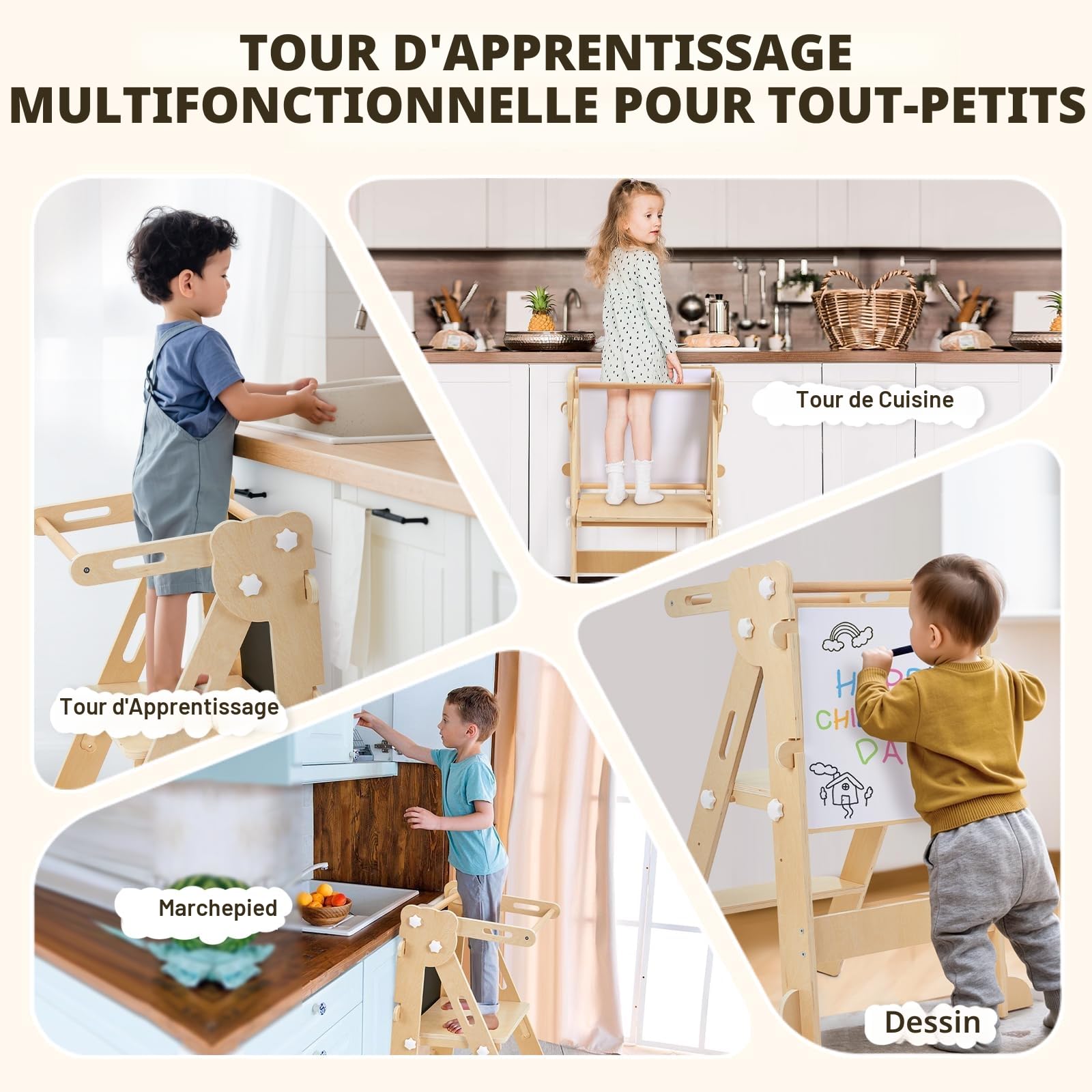 Labebe Tour d'apprentissage pour Enfants, 3 en 1 Montessori Pliable Tour d Observation, Multifonctionnelle Réglable Tour d'apprentissage avec Tableau Double Face à partir de 1 an (Bois)