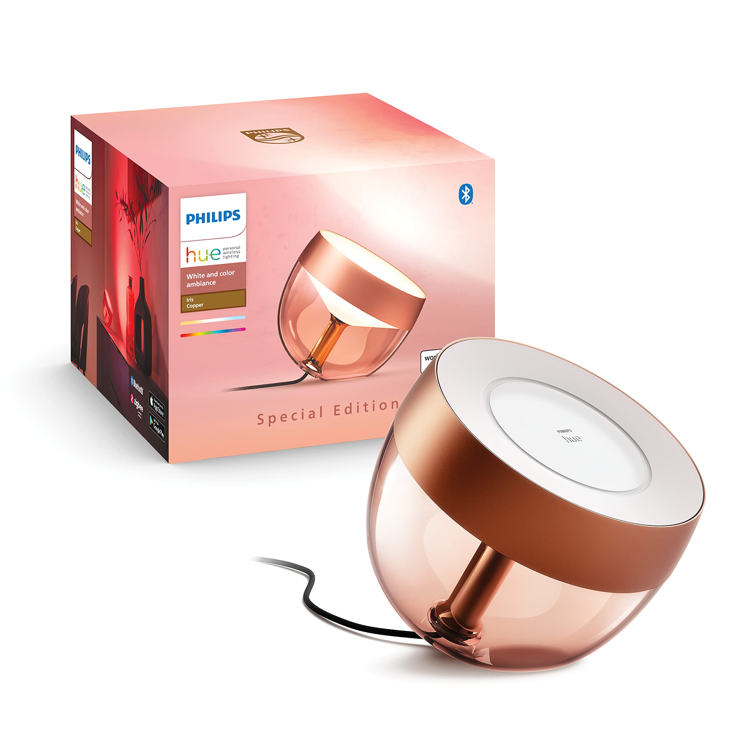 Philips Hue White and Color Ambiance, Iris compatible Bluetooth, Cuivre, fonctionne avec Alexa, Google Assistant et Apple Homekit White And Color Iris cuivre Unique