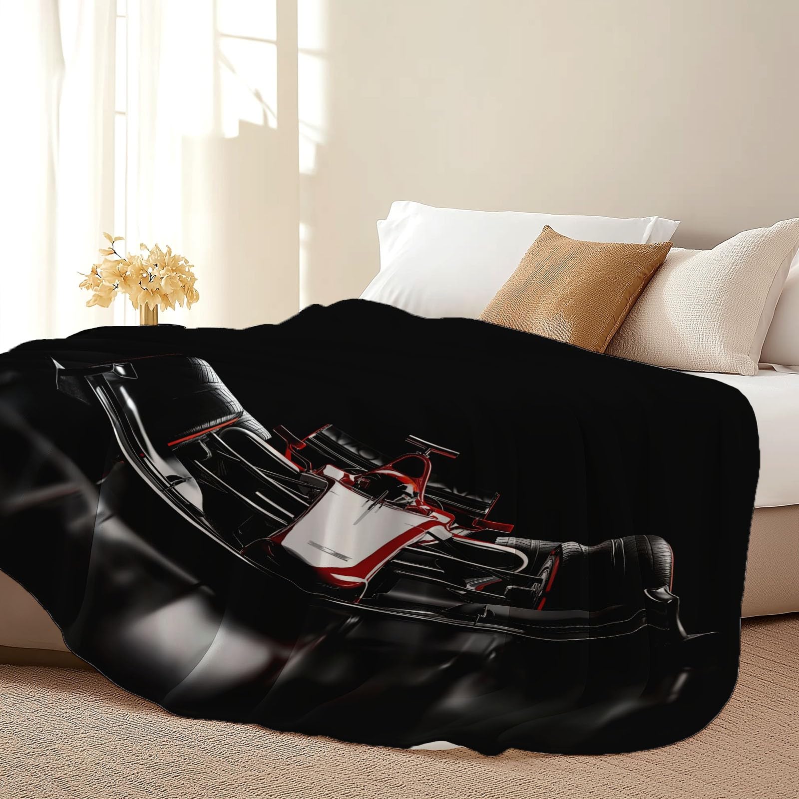 Kuscheldecke Modern F1 Rennen Flanell Fleecedecke Motorsport Design Decke für Teenager Jungs Männer - Schwarz Weich Warme Formel 1 Rennwagen Decken für Bett Couch Sofaüberwurf Deko 150 x 200 cm