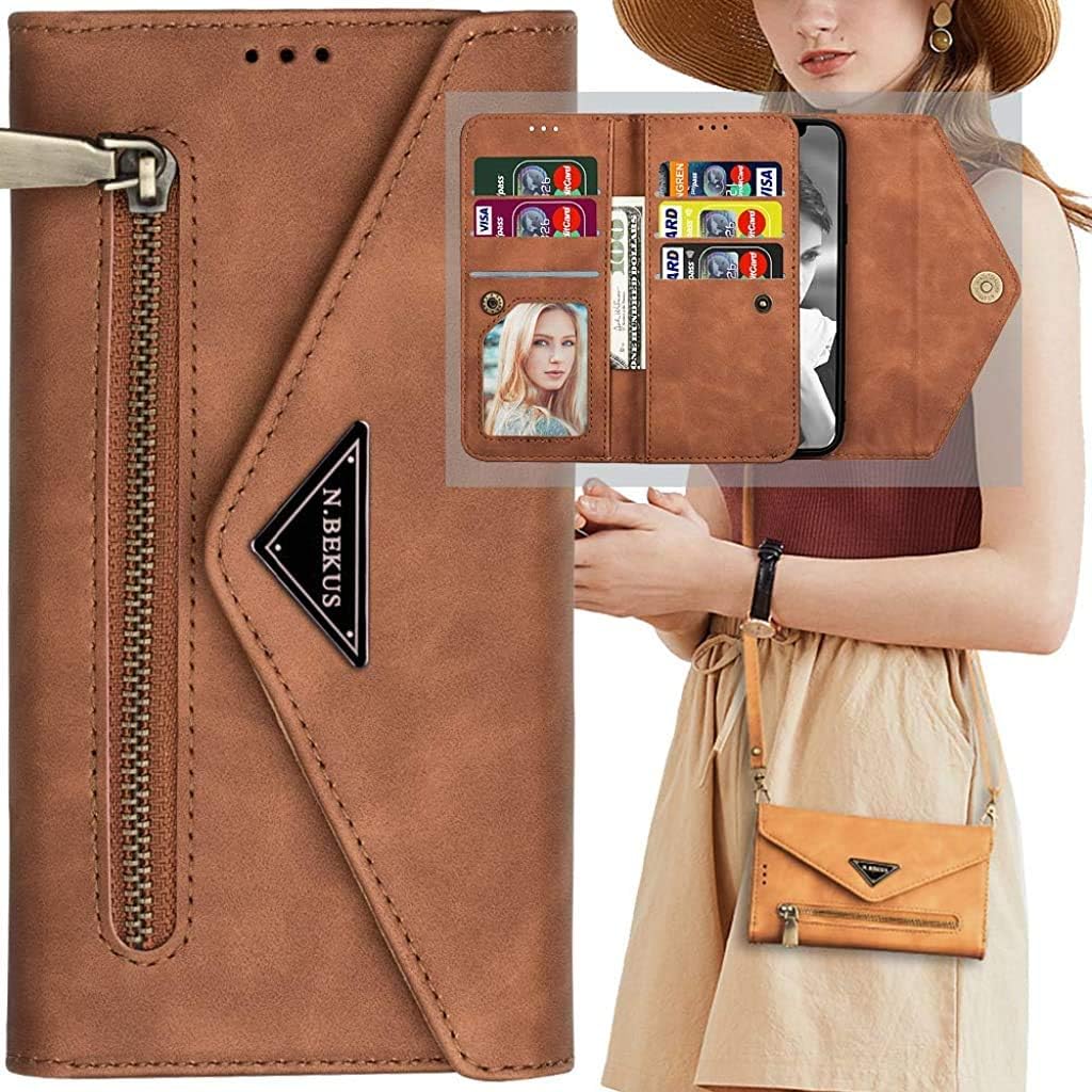 Auker Samsung Galaxy Note 10 Plus Crossbody Wallet Case with Strap for Women,9 Card Holder Magnetic Zipper Purse Clutch with Kickstand Folio Flip Leather Hidden Pocket Card Organizer Wallet Case