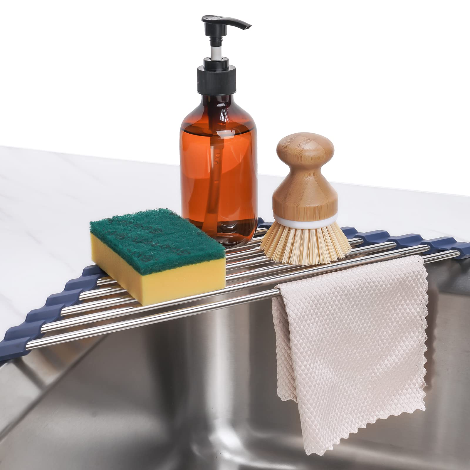 Photo 1 of Tomorotec Triangle Roll-Up Dish Drying Rack for Sink Corner Small Foldable Stainless Steel Over The Sink Multipurpose Kitchen Drainer Caddy Organizer Storage Space Saver Shelf Holder (Deep Blue)