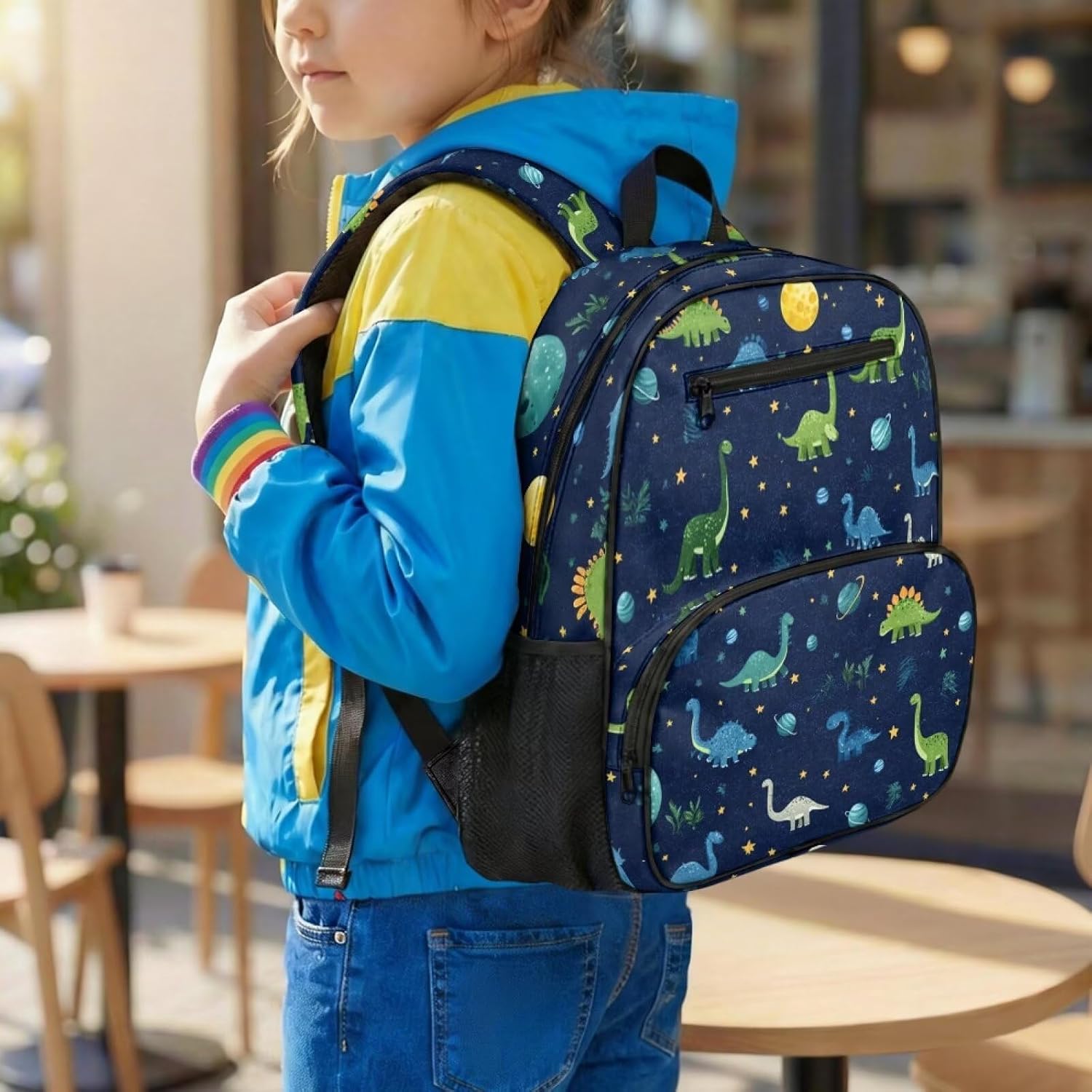 Space Dinosaur 13.5 Inch Toddler Backpack – For Preschool Ages 3-5 Rugged Polyester Fabric, Reinforced Stitching Front Pocket Fits Snacks/Crayons, Side Pockets for 2 Water Bottles image 4