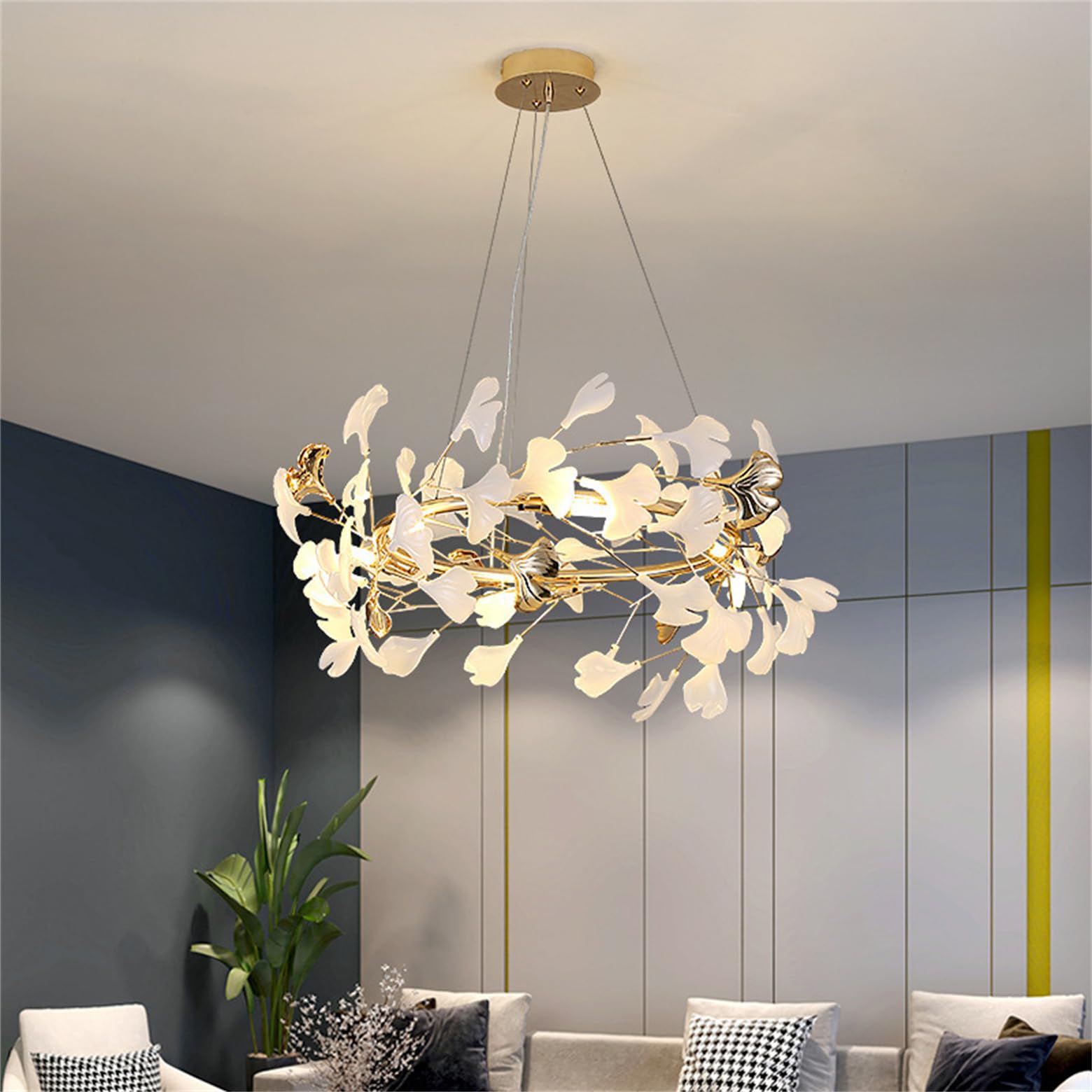 KXEcoLife Modern Tree Branch Chandeliers for Dining Room, D60cm Round Ceramic Ginkgo Leaf Chandelier, Living Room Chandelier Over Table, Kitchen