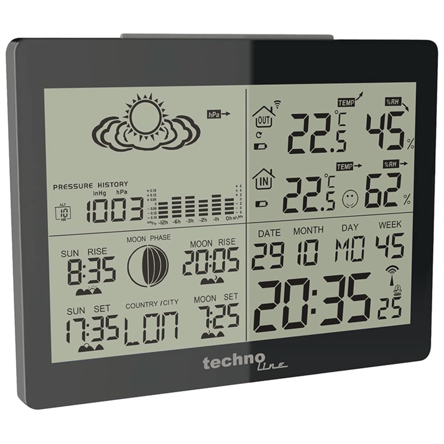 Technoline WS 6760 display showing weather forecast and pressure history