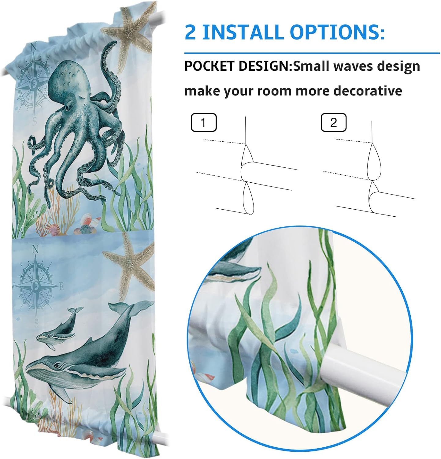 Rod Pocket French Door Curtain, Kitchen Door Panels Ocean Theme Marine Life Pattern Light Filtering Room Divider Curtain Cover Curtains for Windows Nautical Compass (Tie-Back Included, 1 Panel)