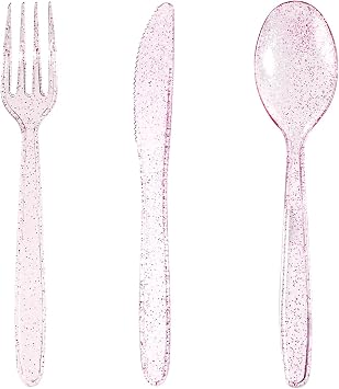 WDF 360 Pink Glitter Plastic Silverware - Disposable Glitter Cutlery - Plastic Silverware inluding 120 Forks, 120 Spoons, 120 Knives for Pink Birthday,Baby Shower