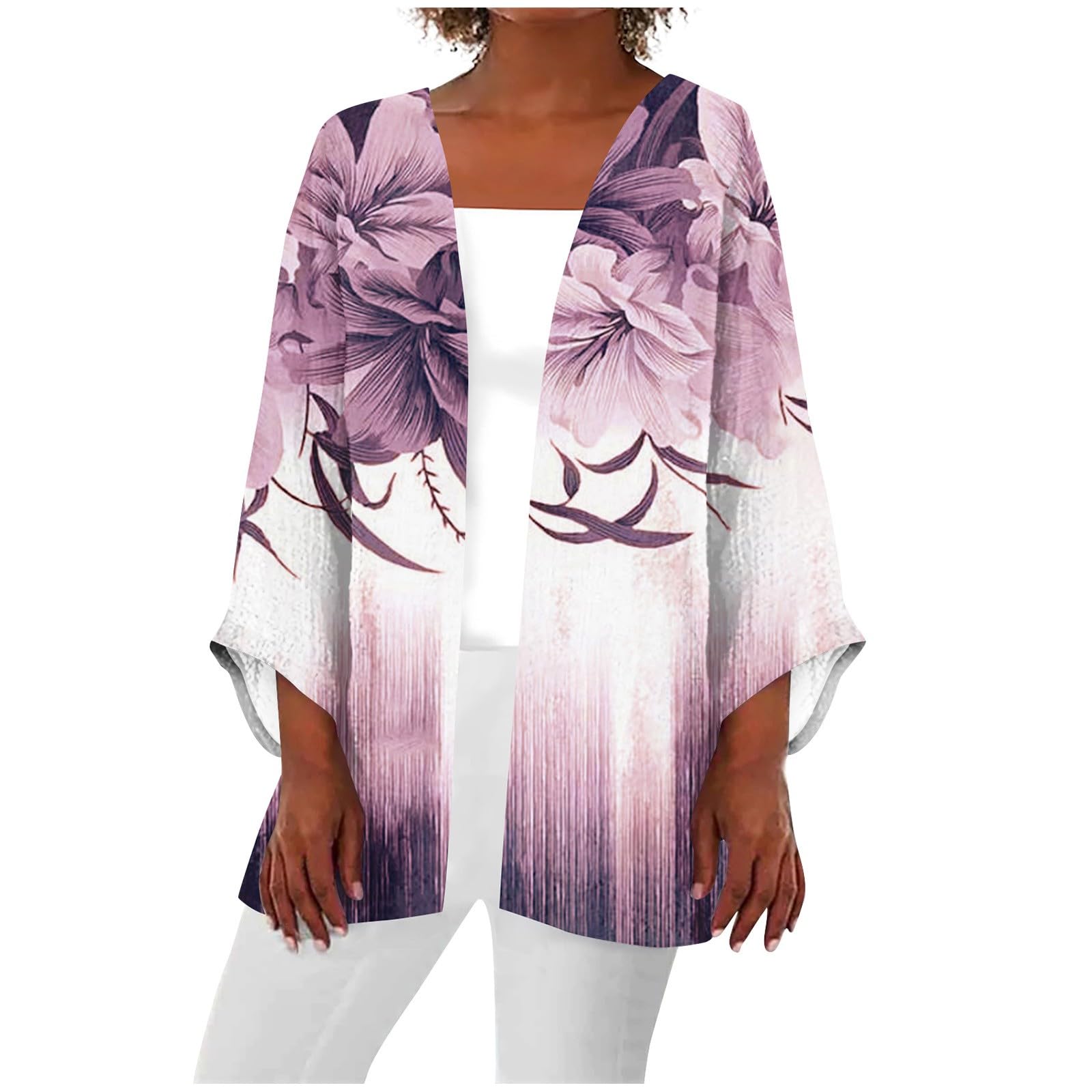 BAKREP Bohemia Summers 3/4 Sleeve Kimono Women Working Collarless Plus Size Cool Cardigan Pleated Graphic Loose