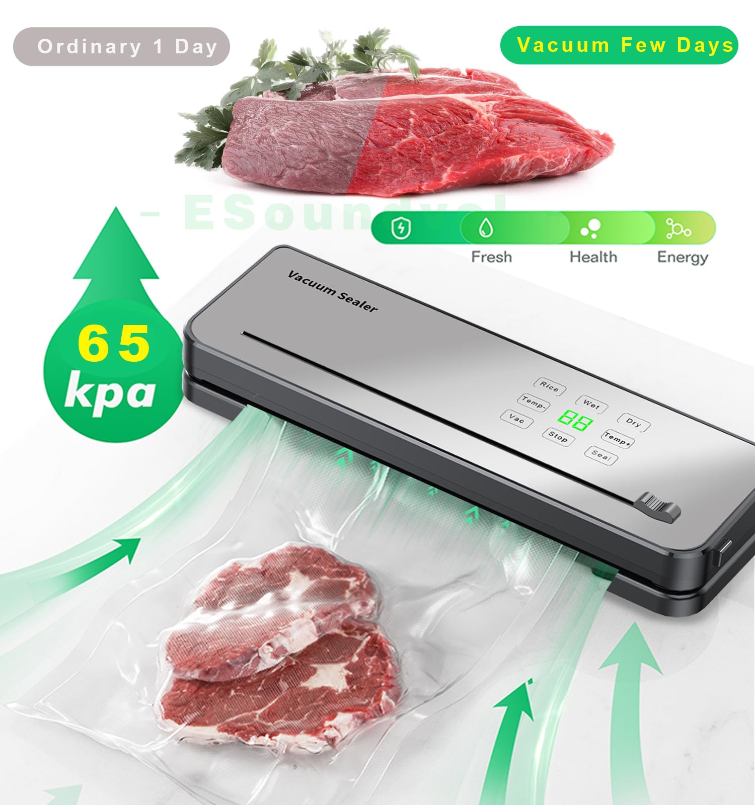 Machine Sous Vide Alimentaire ESoundvol 8 en 1 Avec Contrôle de la Température, Coupe-Aliments Intégré et Affichage LED Visible Pour la Conservation des Aliments Secs et Humides Avec 10 Sacs Sous Vide