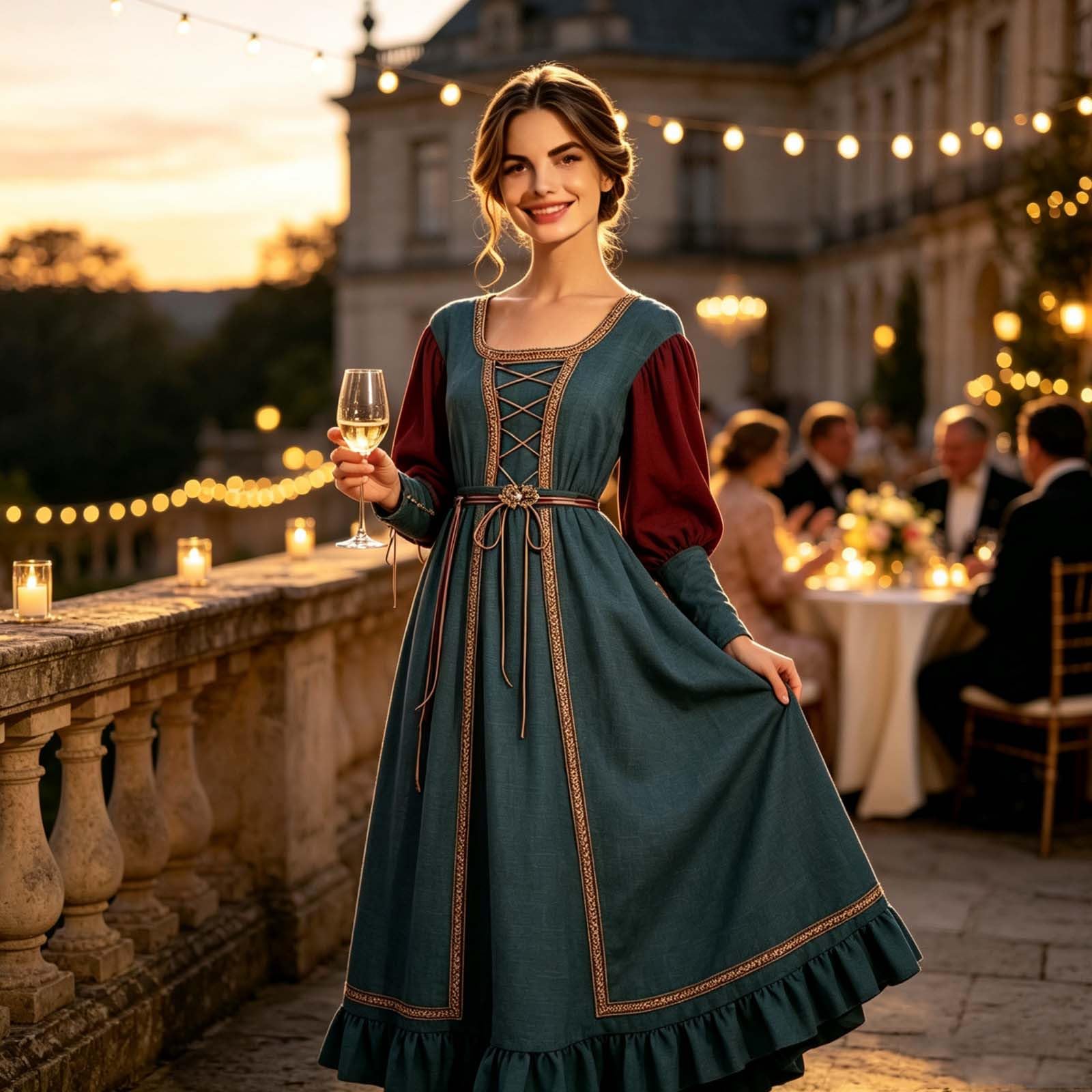 Generico Abito Da Ballo Donna Medioevale Manica Lunga Gotico Pirata Vintage Vita Alta Sera Vichinga Bavarese Halloween Carnevale Abbigliamento Cintura Donna Autunno Inverno Vestito Top