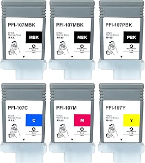 Compatible Ink Cartridge Replacement for Canon PFI107 PFI-107 IPF6705B001 iPF670 iPF680 iPF685 iPF780 iPF770 iPF785 (2MBK, 1BK, C, M, Y) 6 Pack