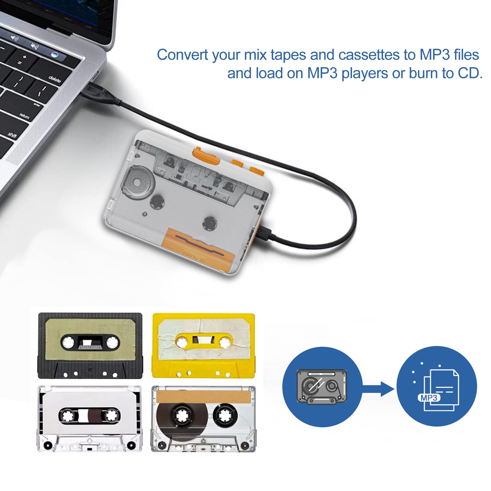 Docooler Reproductor de Cassette portátil – Cassette a MP3/CD grabadora a través de USB Compatible con portátiles y PC, 218SP Cassette Tape Tape a MP3 Converter Grabador vía PC Cassette Tape Player