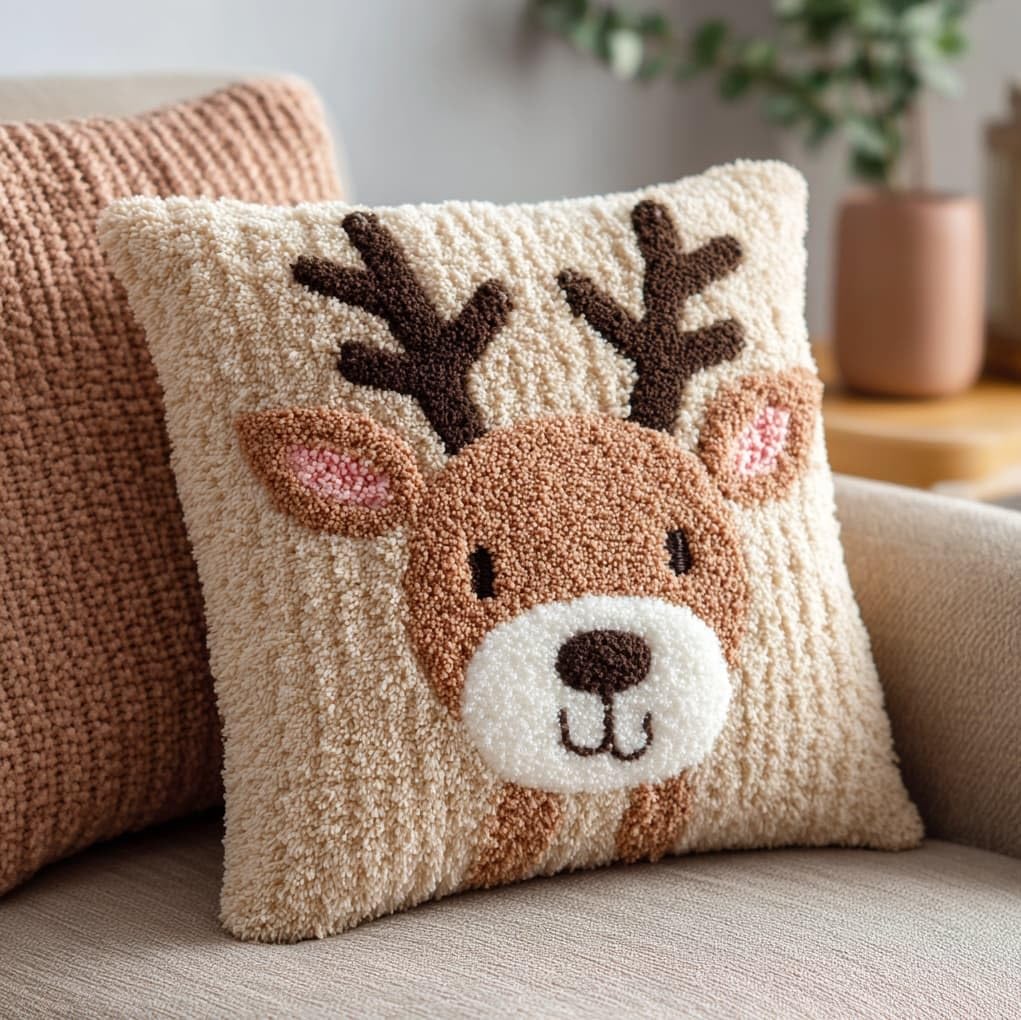 Wallustrioaw Cartoon Deer Latch Hook Cushion Kit 43X43cm,