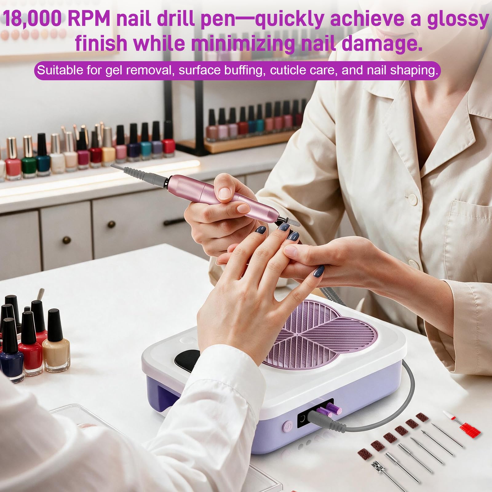 Dispositivo de uñas 4 en 1, con torno profesional (18.000 rpm), 6 cabezales de lijado y cabezal removedor, lámpara UV/LED potente, aspirador integrado (3.400 rpm), ideal para uso en salón y en casa