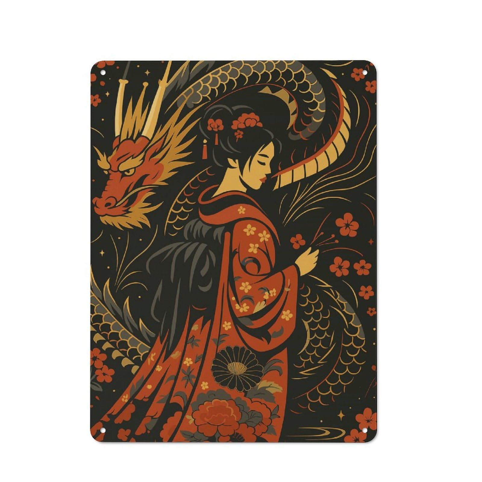 Junmoney Geisha And Dragon Art Illustration Retro Tin Sign 40X30cm For Hallway Wall, For Home Decor Fans Who Collect Metal Signs