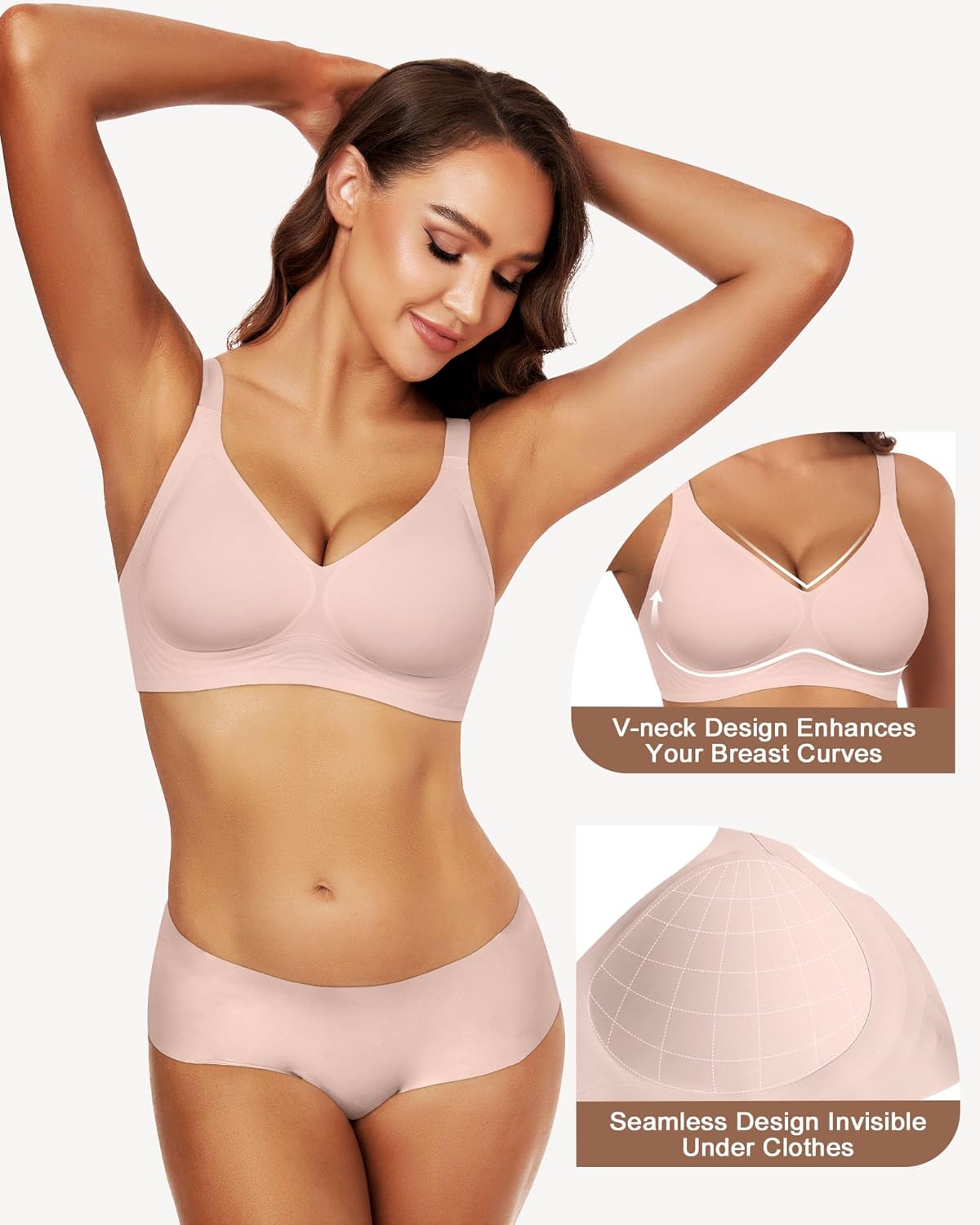 HORISUN Wireless Bralettes Comfort T Shirt Bra Seamless Plunge Bras for Women Push Up Bra No Underwire (Pink M) - Image 2