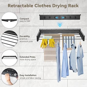 Wall Mounted Clothes Dryer, Space Saving Clothes Drying Rack with Additional Hooks, Foldable Laundry Clothes Dryer, Easy to Install, Retractable Drying Rack for Indoor & Outdoor, 80cm (Black)