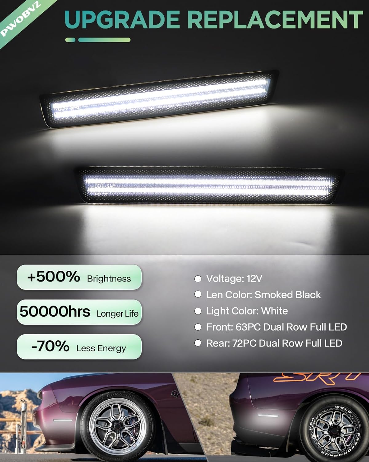 White LED Side Marker Lights for Dodge Challenger 2015-2023, Front & Rear Parking Lamp Passenger Driver Side, Smoked Lens 4PCS