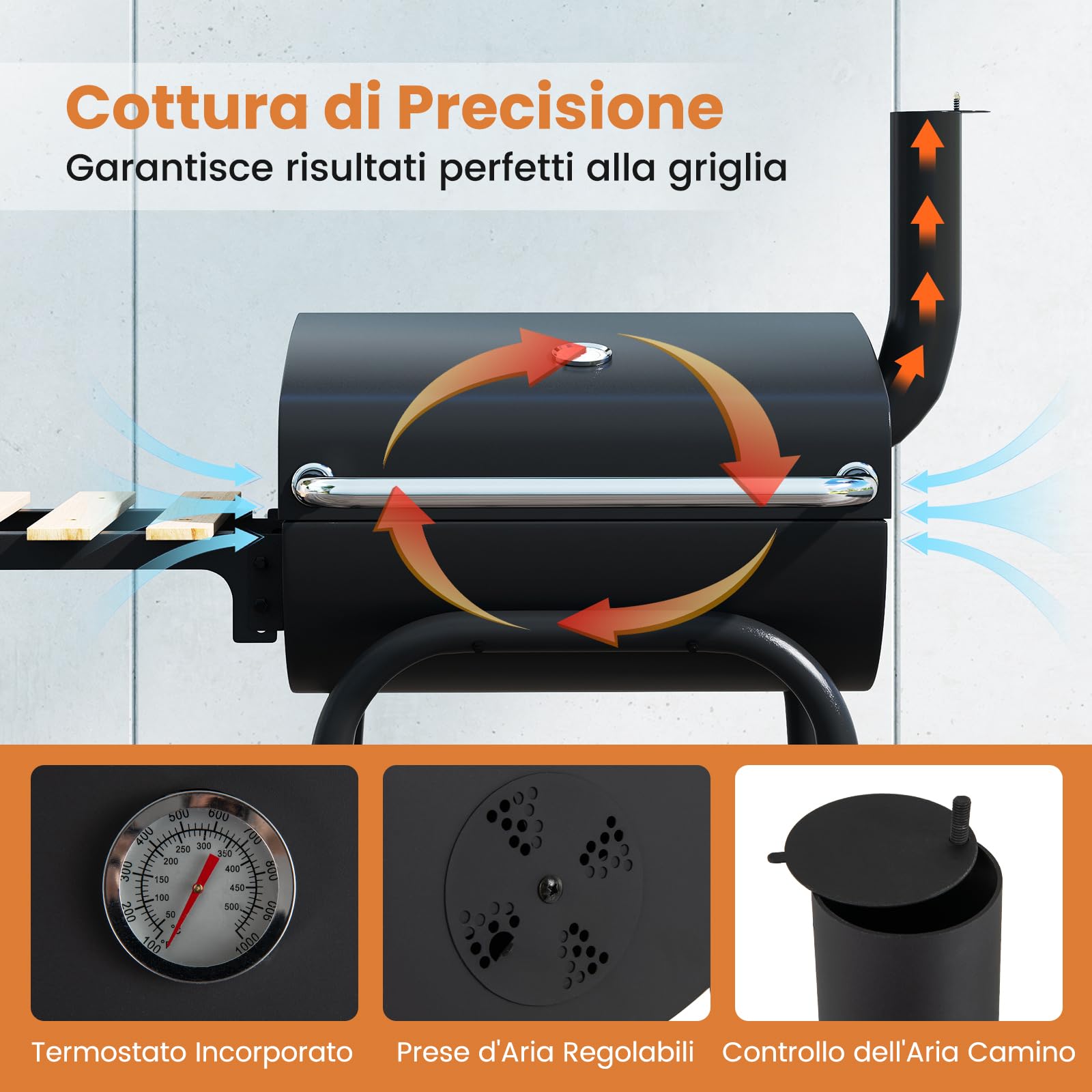 COSTWAY Barbecue a Carbonella con Ruote, Griglia a Carbone da Esterno con Coperchio, Termometro, Tavolo Pieghevole e Manico in Acciaio Inox, Barbecue Portabile per Giardino, Campeggio e Picnic